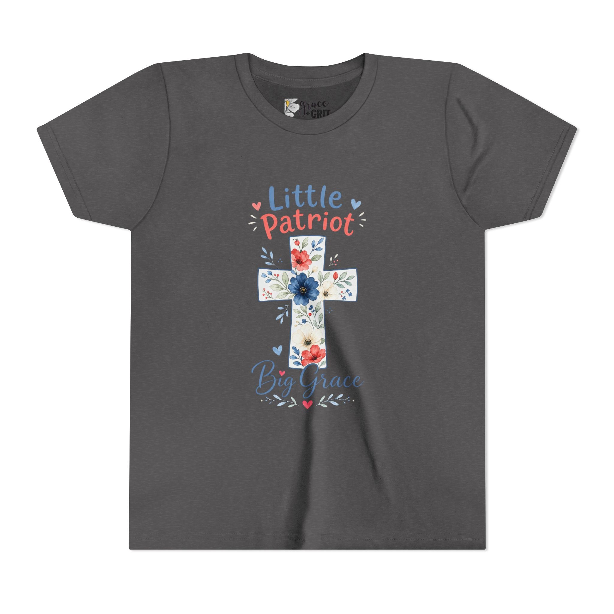 Little Patriot Big Grace Youth Tee — Floral Cross Christian Kids Shirt
