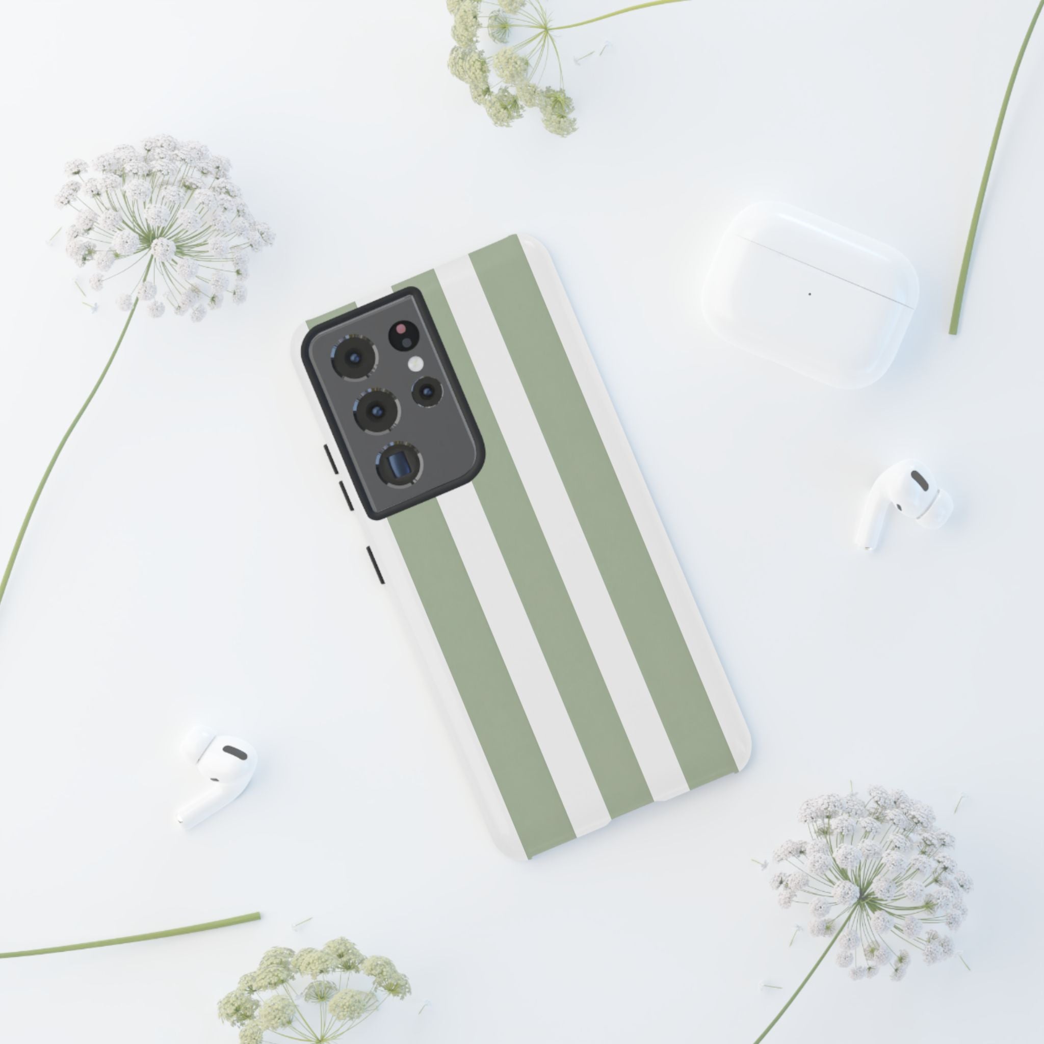 Striped Sage Tough Phone Case — Durable Green & White Vertical Stripe Phone Cover