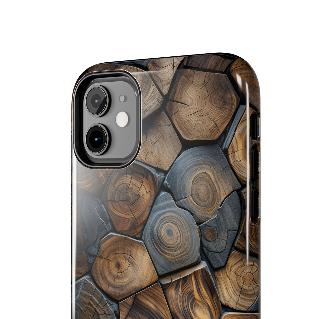 Woodgrain Hex Pattern Tough Phone Case — Rustic Log Cross-Section Design