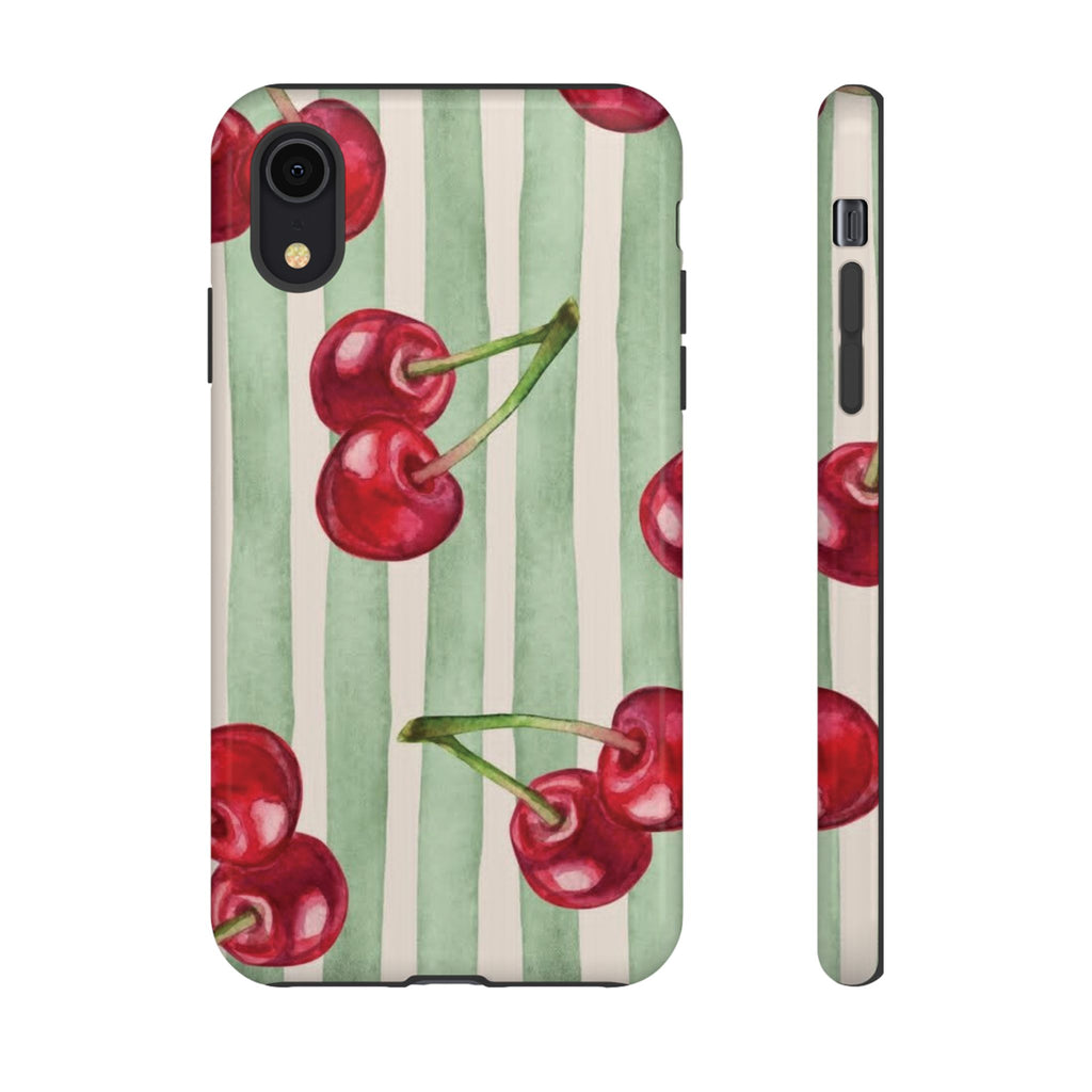 Cherry Stripe Phone Case – Retro Watercolor Cherries on Mint Stripes