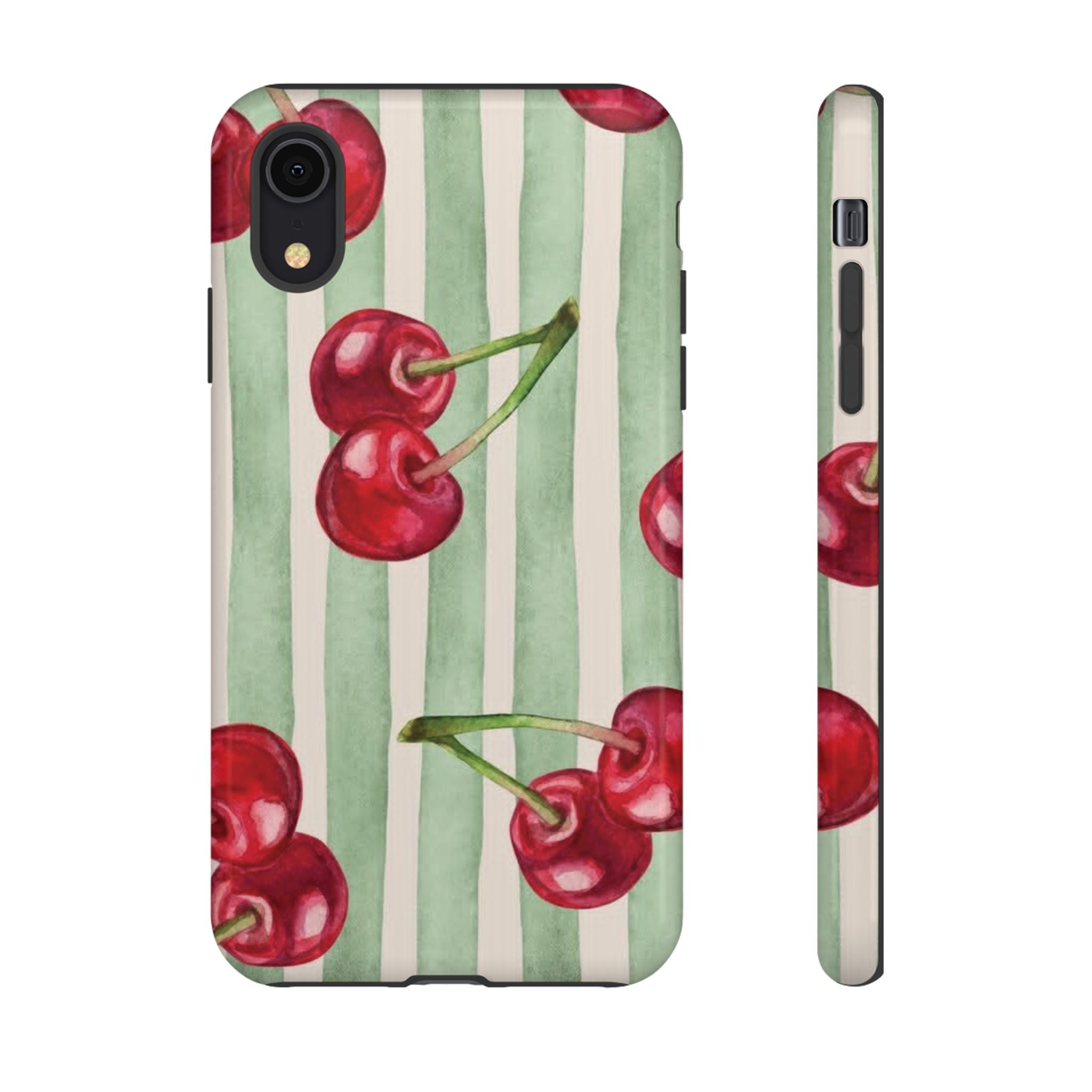 Cherry Stripe Phone Case – Retro Watercolor Cherries on Mint Stripes