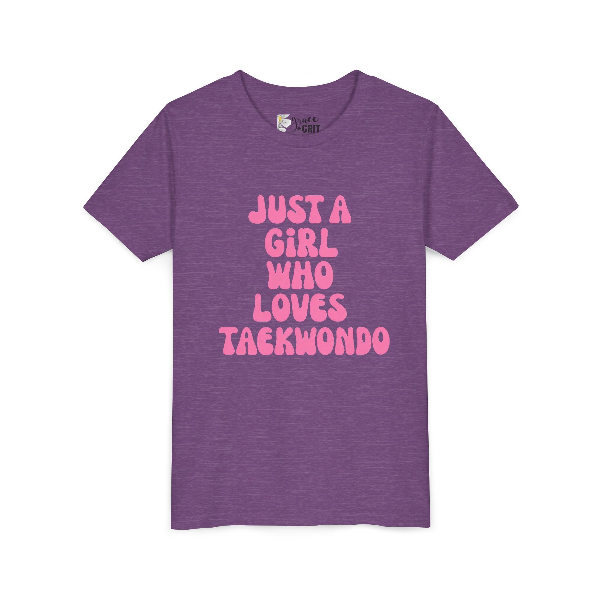 Just a Girl Who Loves Taekwondo Youth Tee | Pink Text Martial Arts Shirt