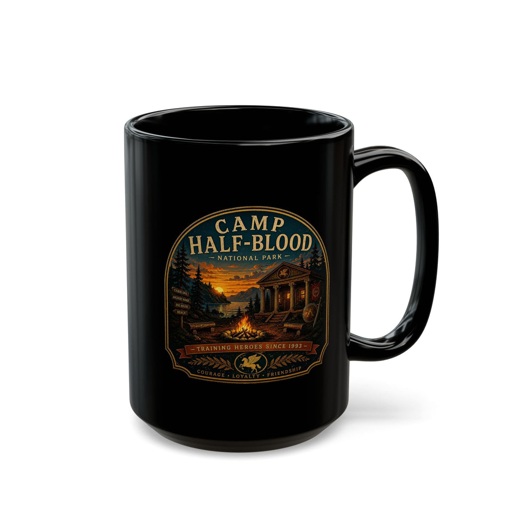 Camp Half-Blood Black Mug — Mythical Cabin & Campfire Coffee Cup (11oz/15oz)