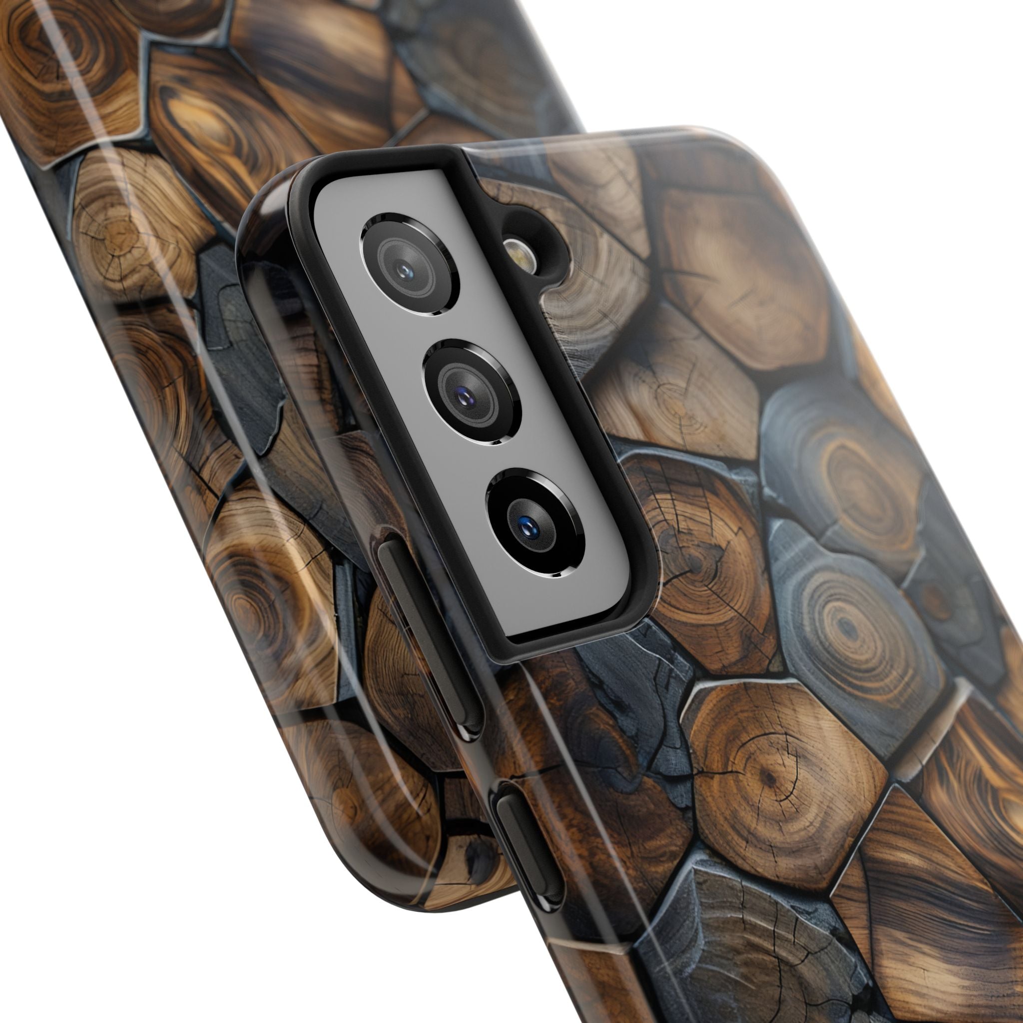Woodgrain Hex Pattern Tough Phone Case — Rustic Log Cross-Section Design