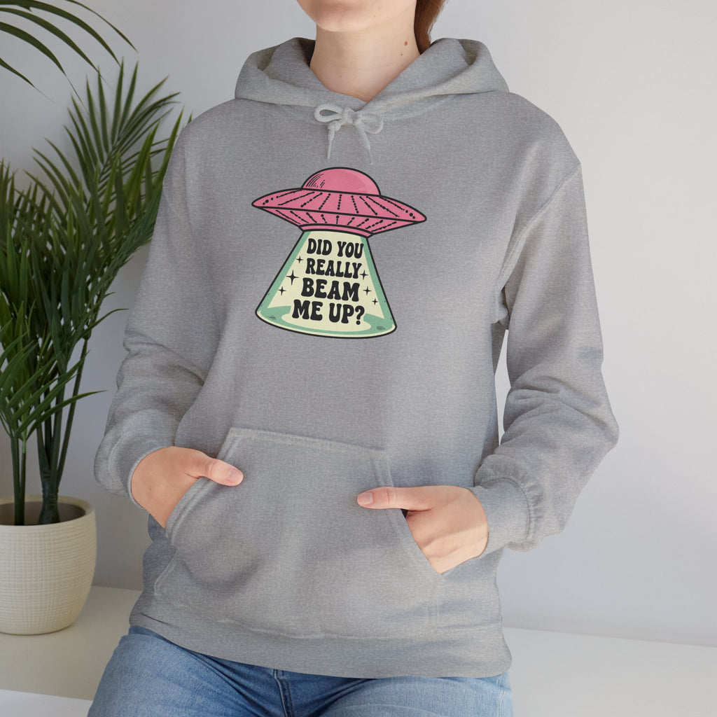 Alien UFO Hoodie — "Did You Really Beam Me Up?" Cute Retro Graphic Sweatshirt