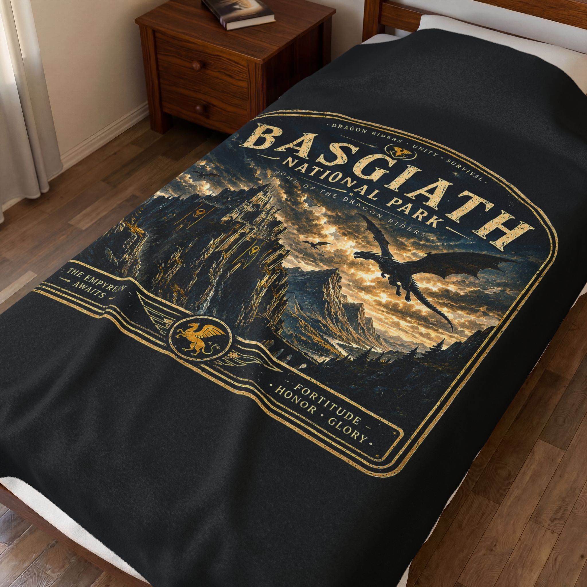 Basgiath National Park Velveteen Plush Blanket — Fantasy Castle & Dragon Scenic Throw
