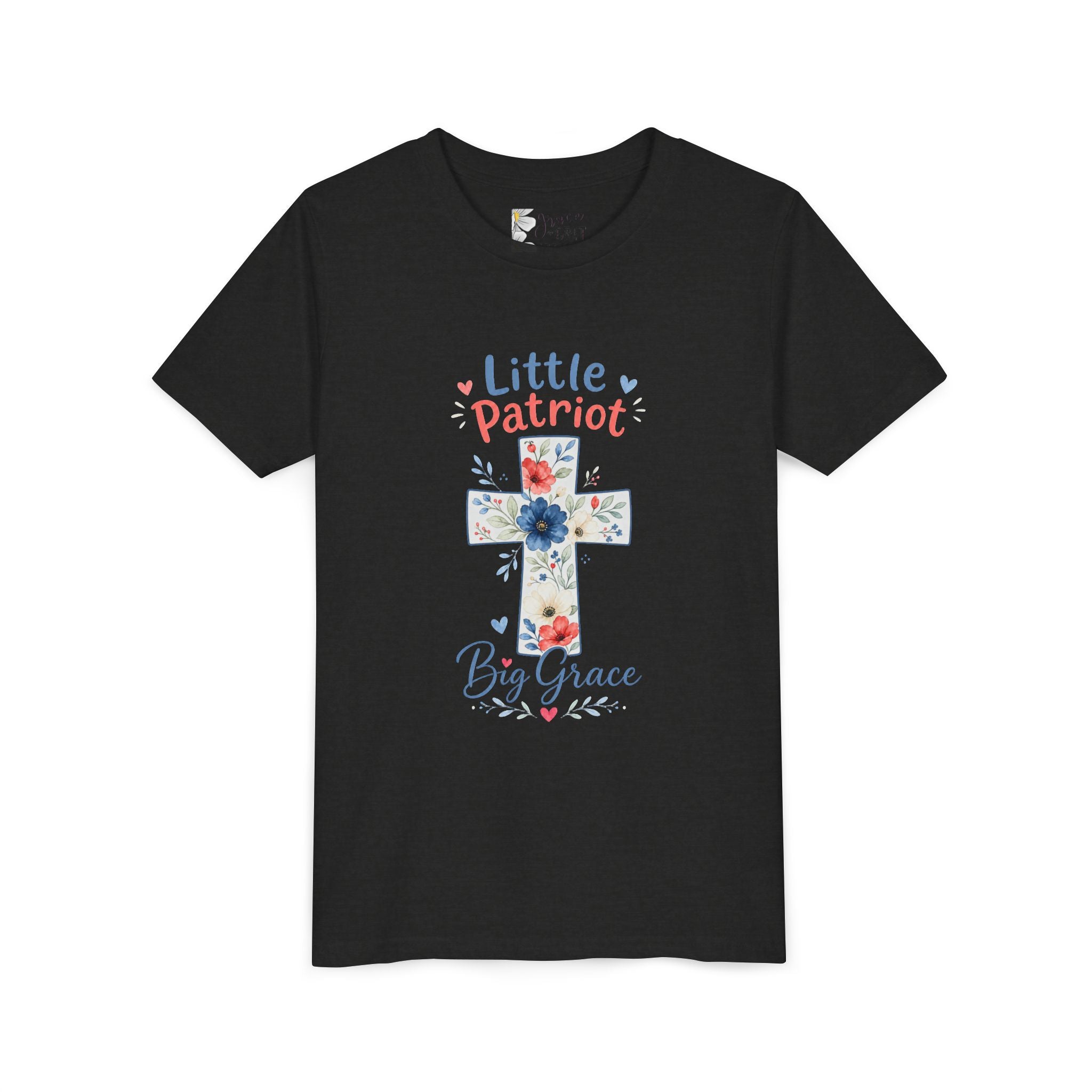 Little Patriot Big Grace Youth Tee — Floral Cross Christian Kids Shirt