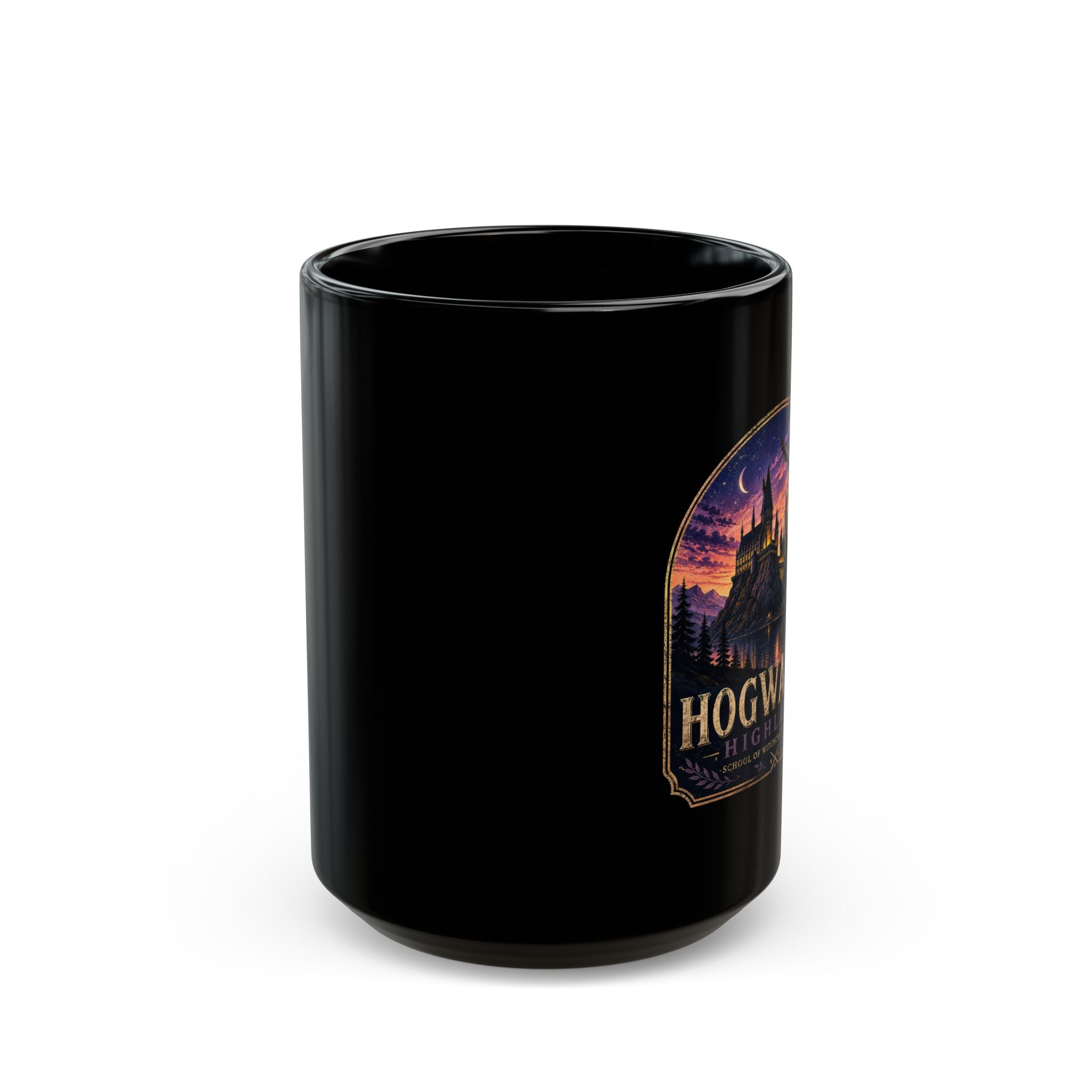 Hogwarts Highlands Black Mug — Castle Sunset Coffee Cup (11oz/15oz)