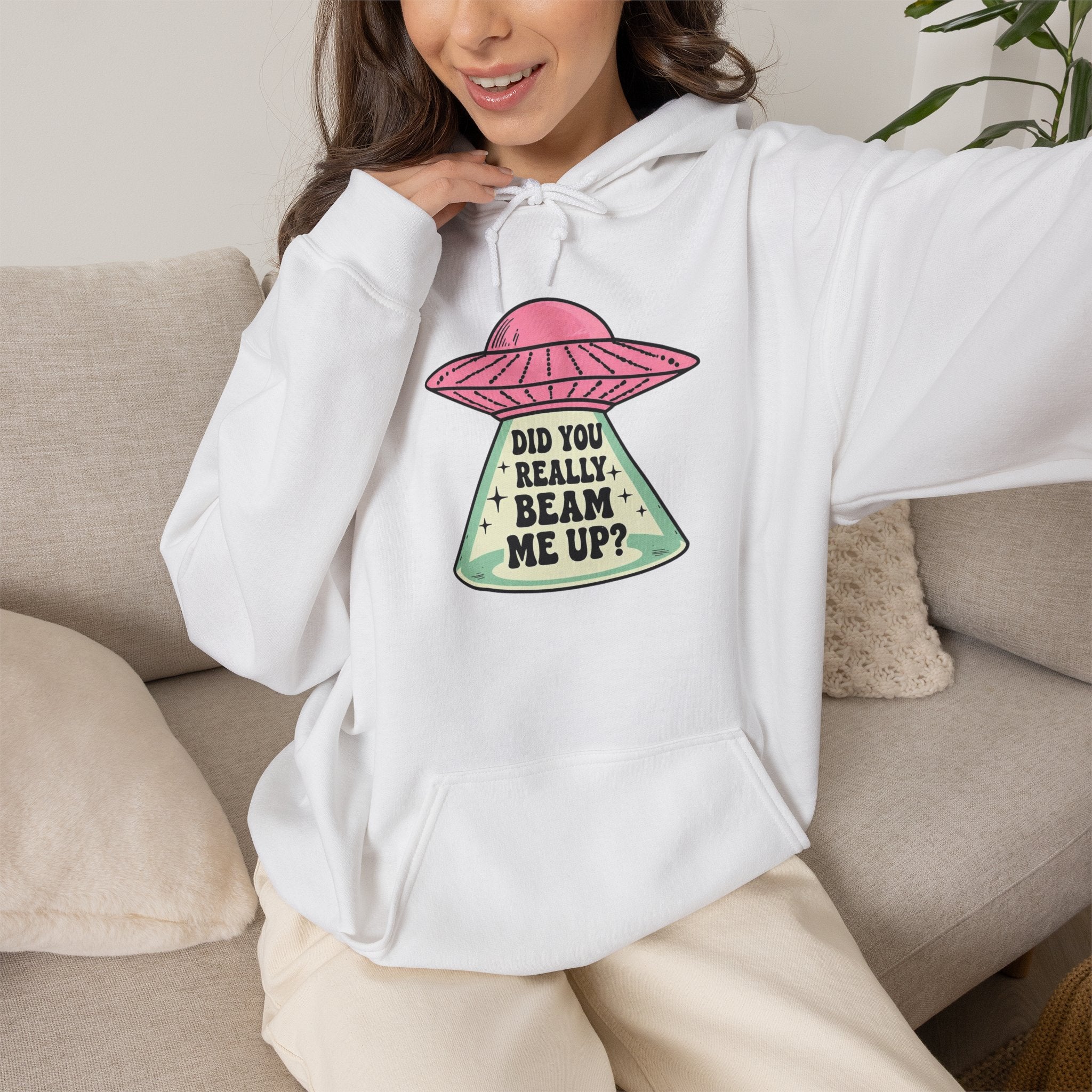 Alien UFO Hoodie — "Did You Really Beam Me Up?" Cute Retro Graphic Sweatshirt