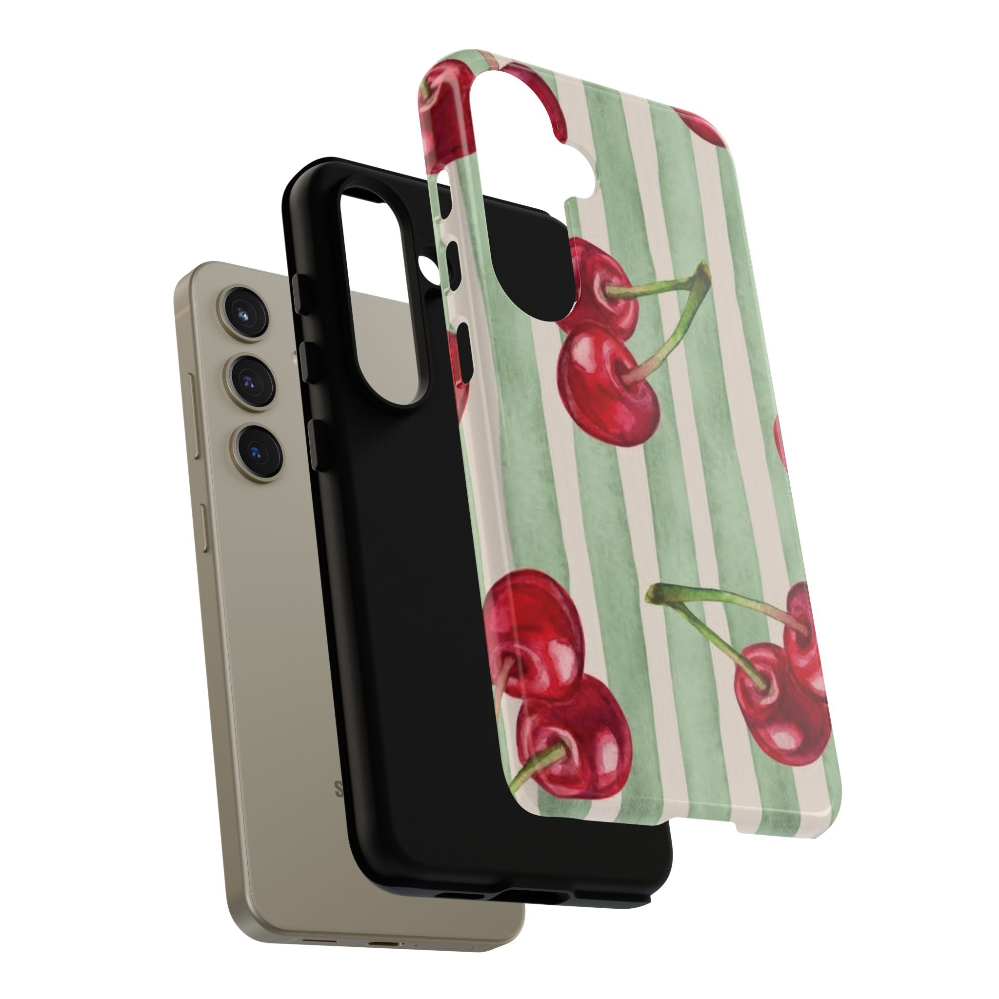 Cherry Stripe Phone Case – Retro Watercolor Cherries on Mint Stripes