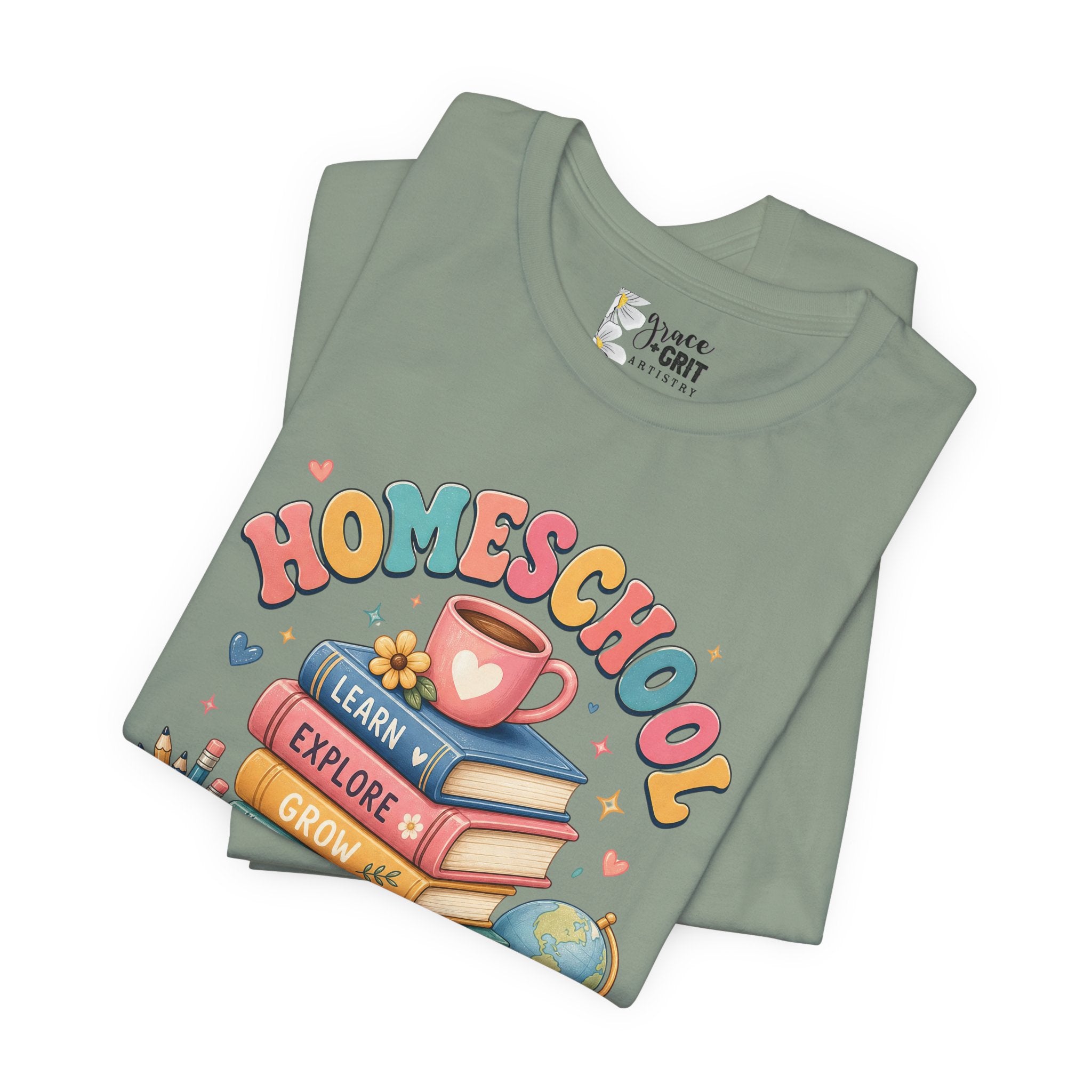 Homeschool Mama T-Shirt – Colorful Stacked Books Design