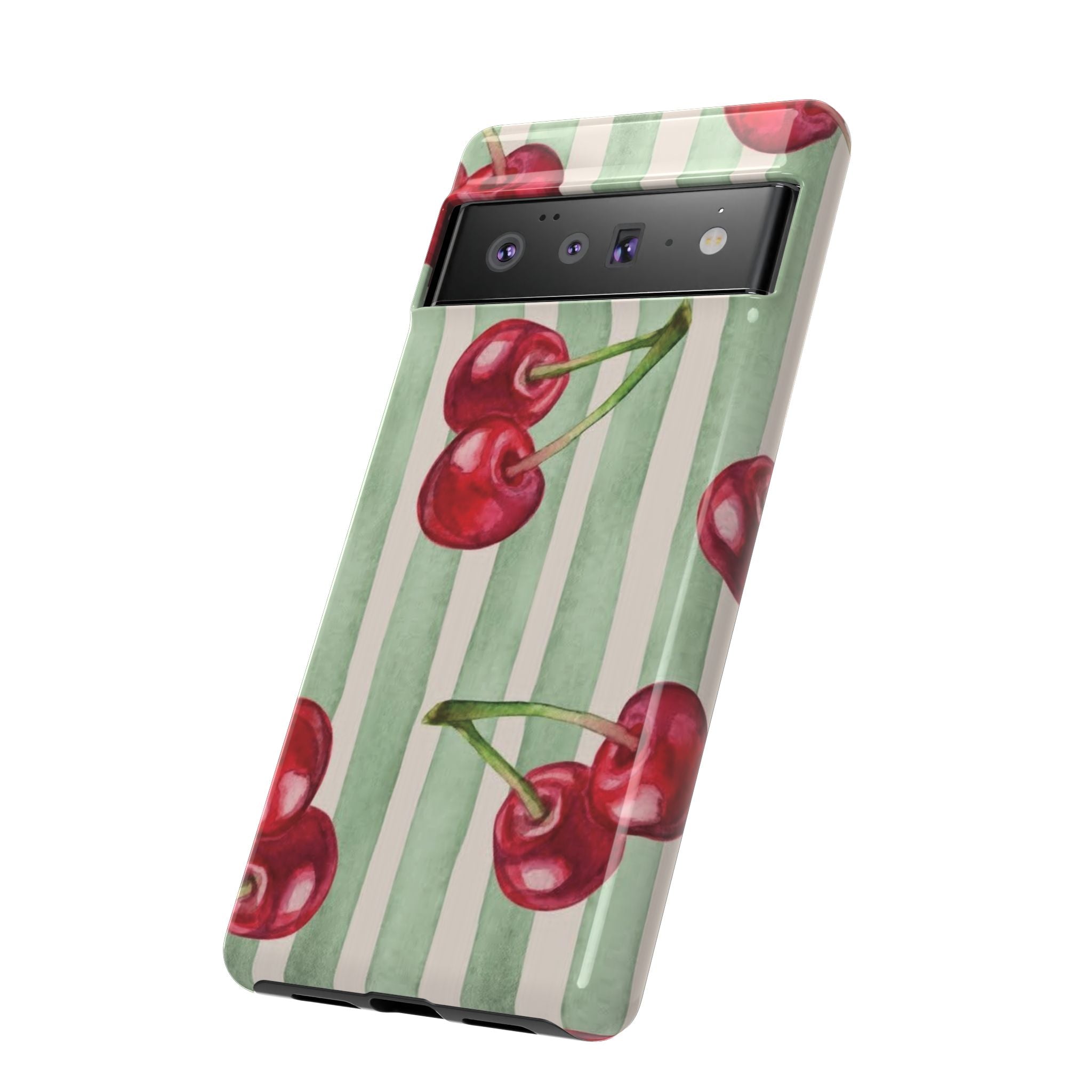 Cherry Stripe Phone Case – Retro Watercolor Cherries on Mint Stripes