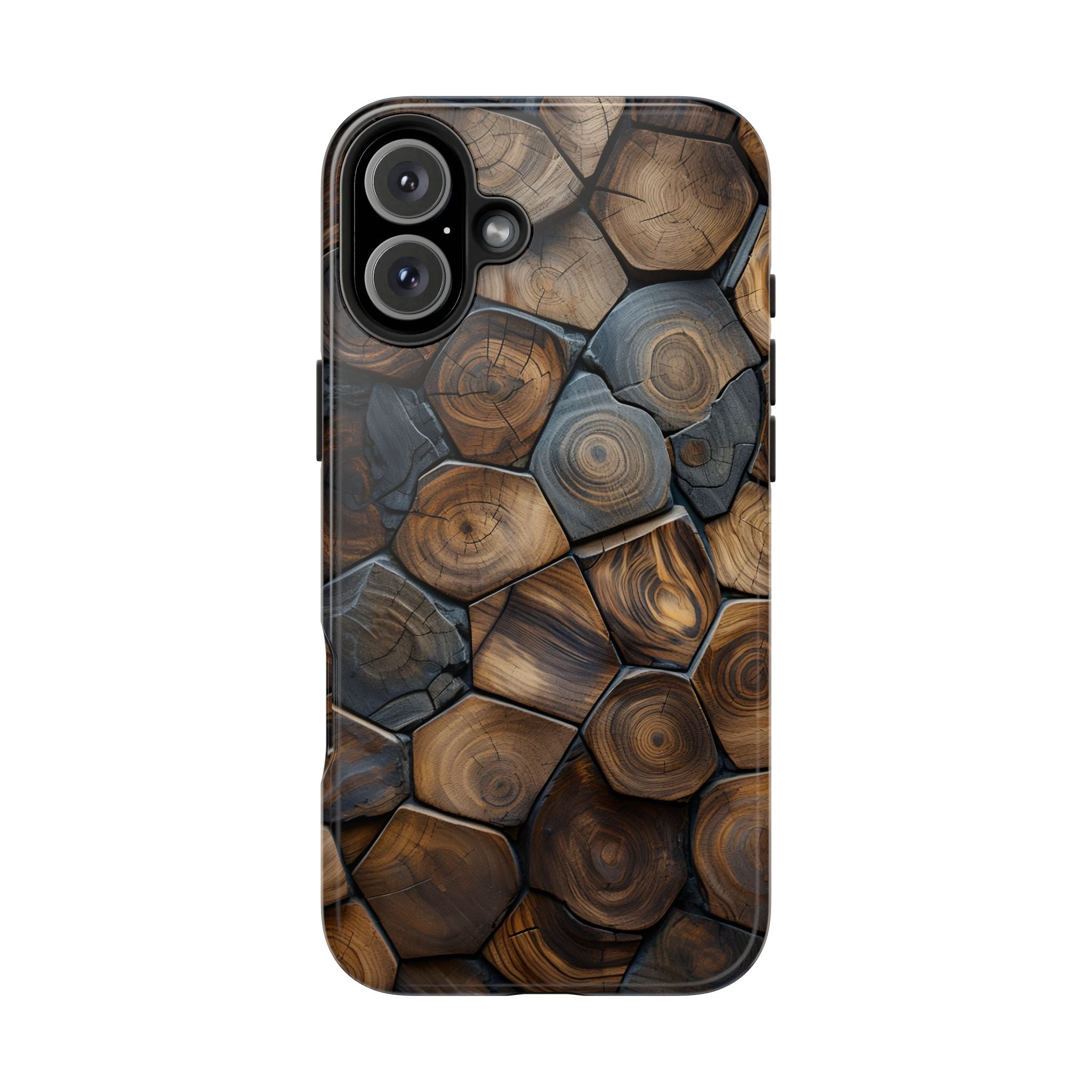Woodgrain Hex Pattern Tough Phone Case — Rustic Log Cross-Section Design
