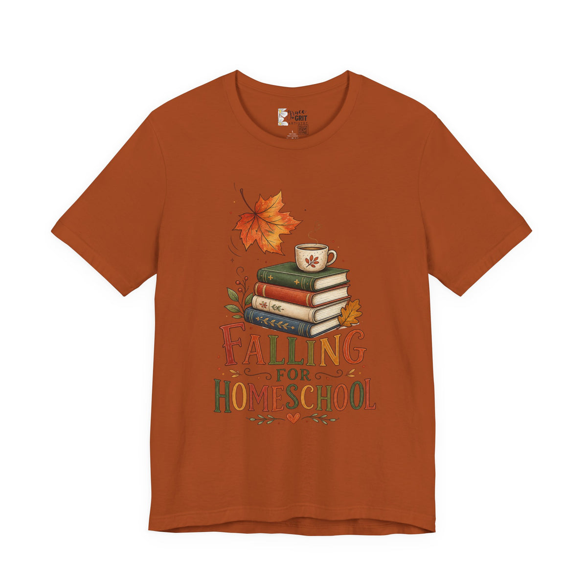 Fall Homeschool T‑Shirt – “Falling into Homeschool” Autumn Books & Coffee Tee
