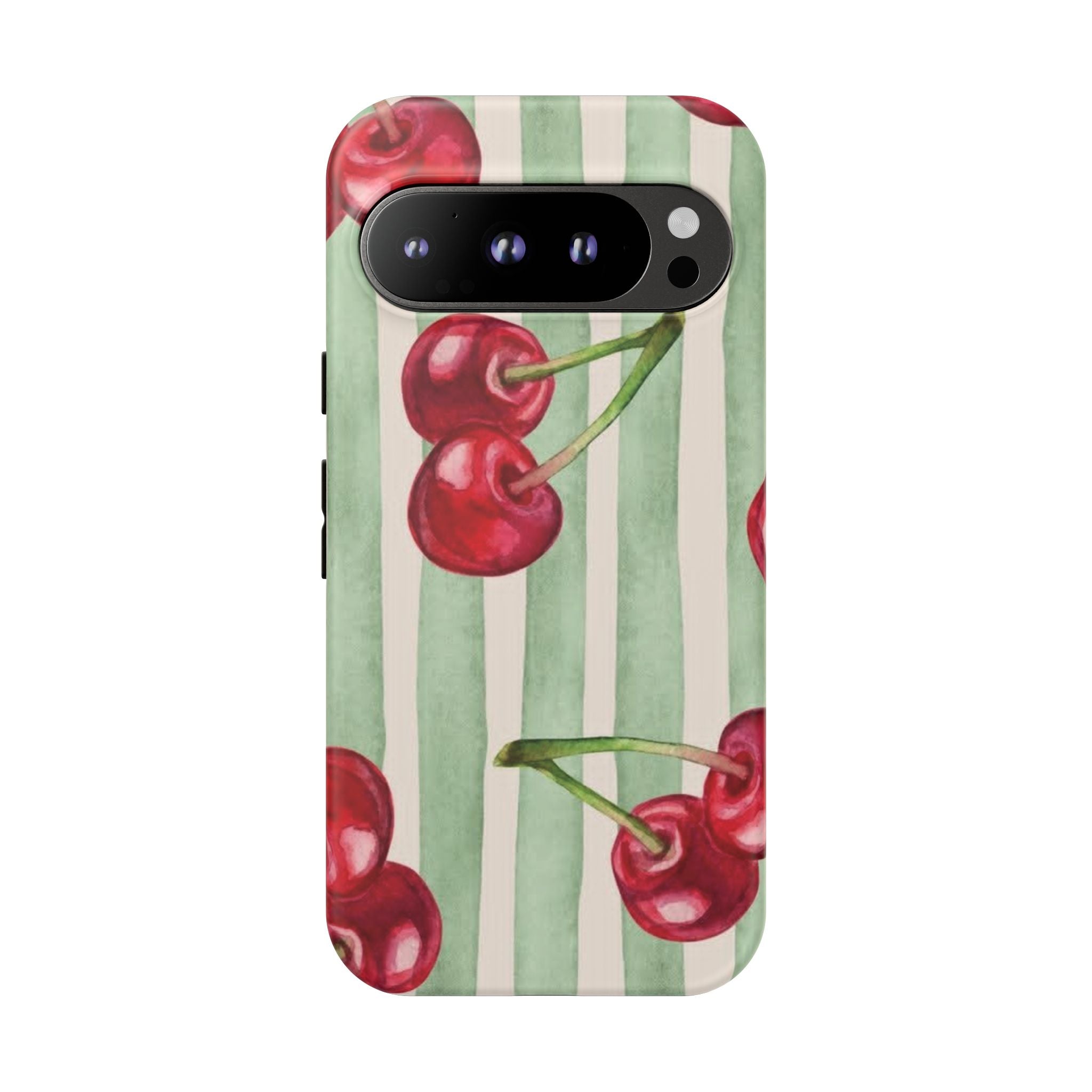 Cherry Stripe Phone Case – Retro Watercolor Cherries on Mint Stripes