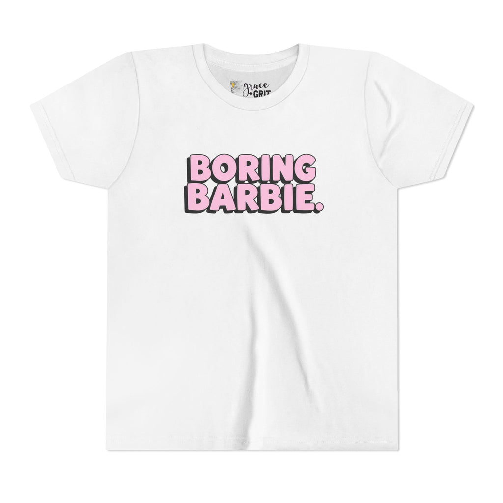 Youth Tee — "Boring Barbie" Pink Bubble Letter Graphic