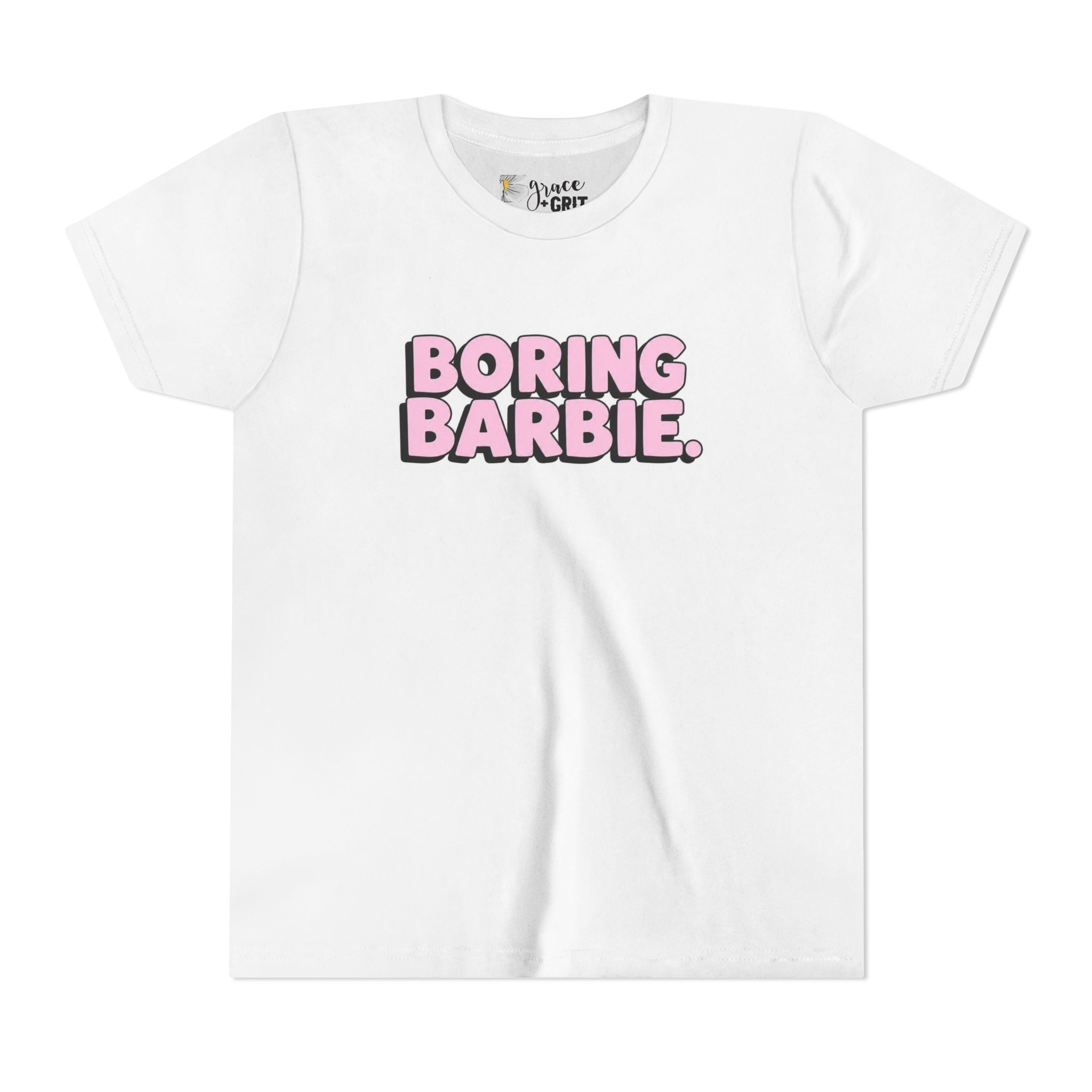 Youth Tee — "Boring Barbie" Pink Bubble Letter Graphic