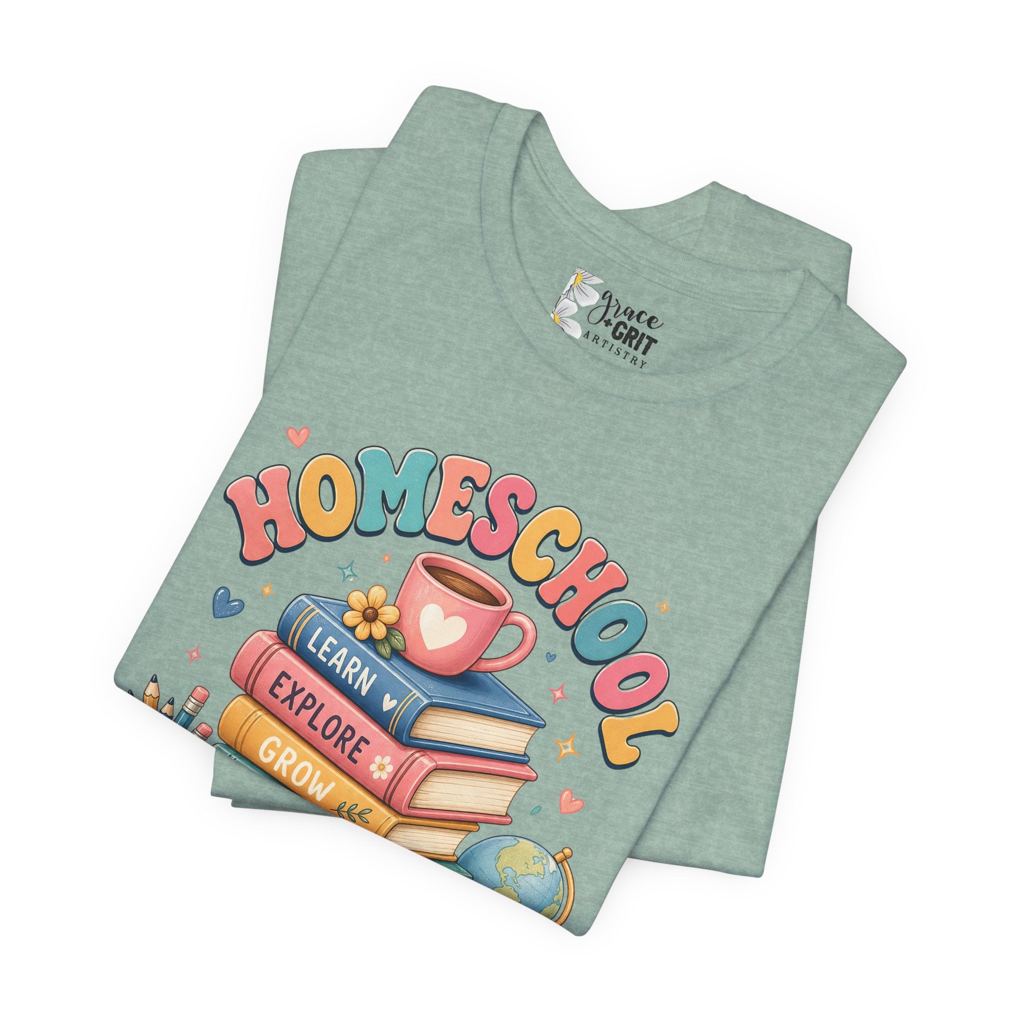 Homeschool Mama T-Shirt – Colorful Stacked Books Design