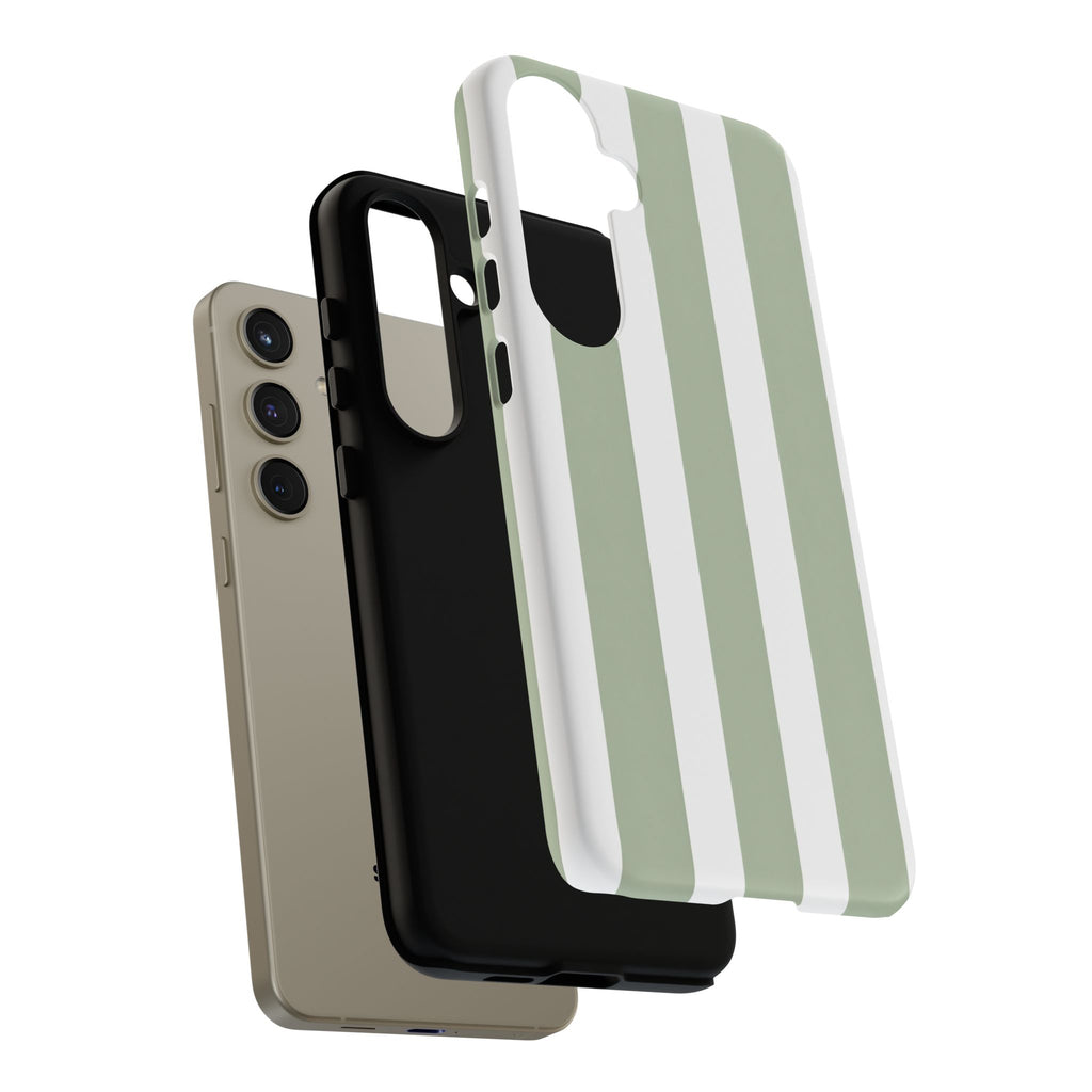 Striped Sage Tough Phone Case — Durable Green & White Vertical Stripe Phone Cover