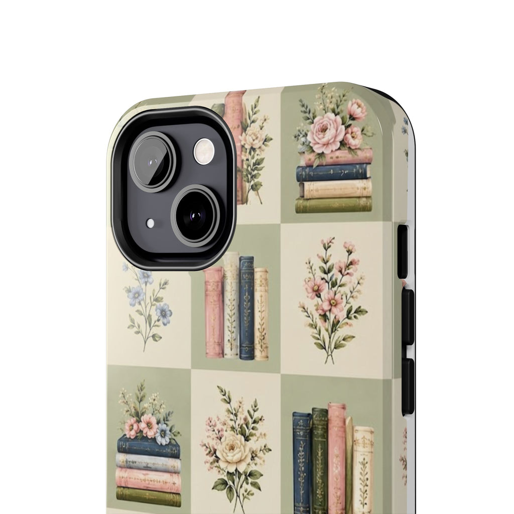 Floral Bookshelf Tough Phone Case — Vintage Floral & Stacked Books Pattern