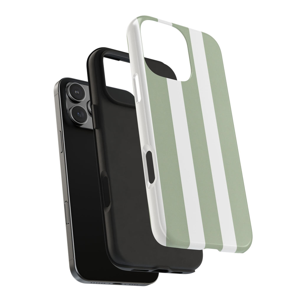 Sage & White Striped Tough Phone Case — Durable Protective Phone Cover