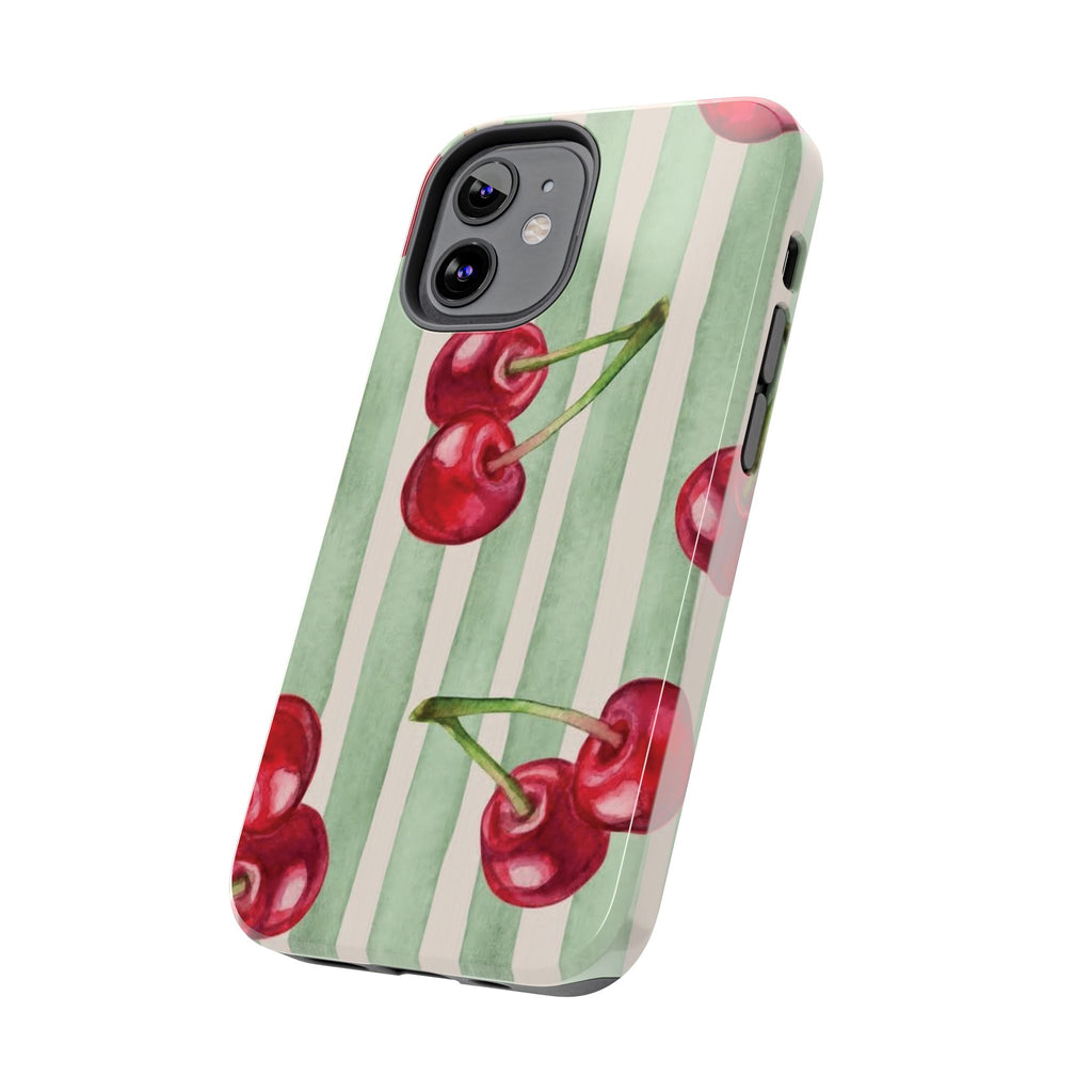 Cherry Stripe Tough Phone Case — Retro Watercolor Cherry Pattern Durable Phone Case
