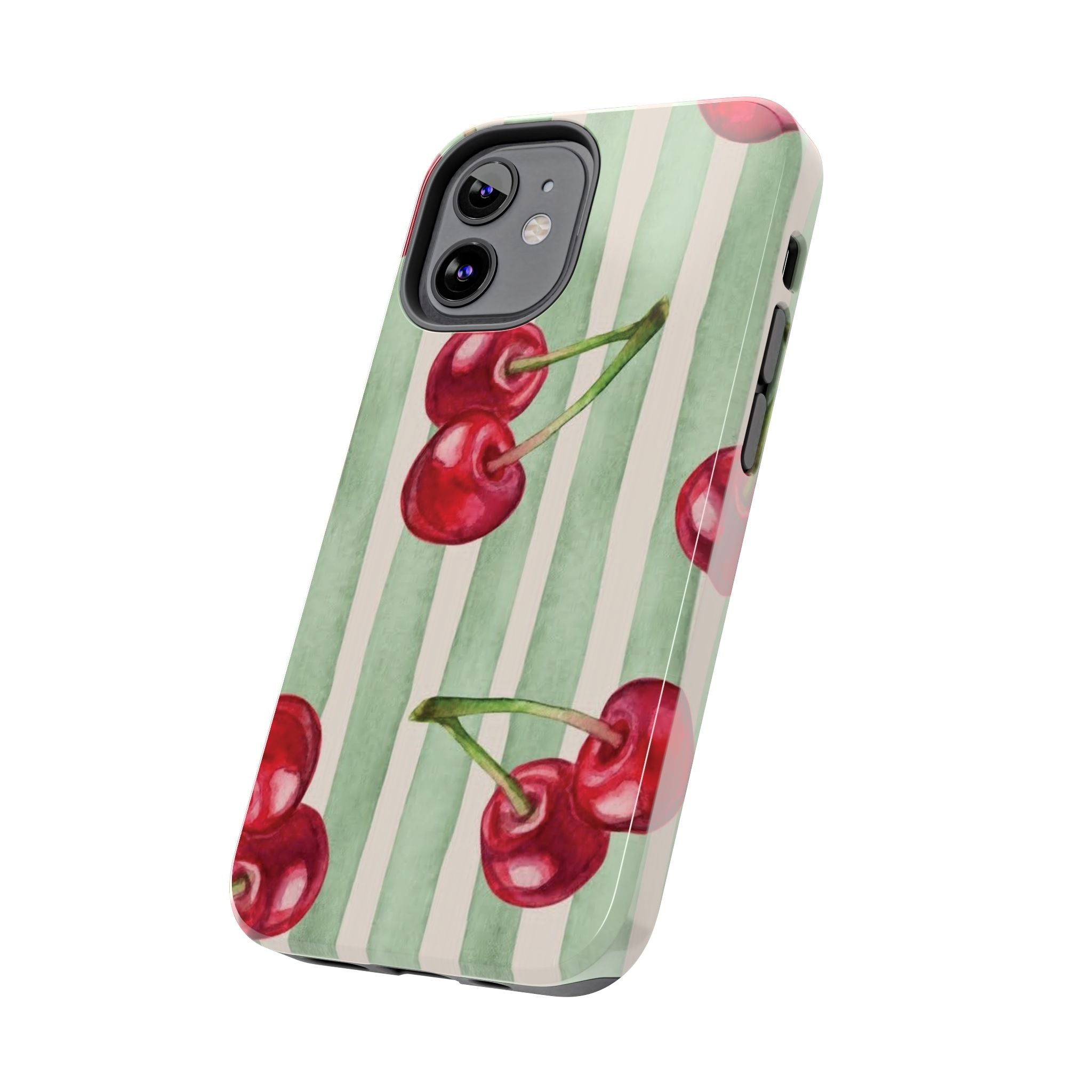 Cherry Stripe Tough Phone Case — Retro Watercolor Cherry Pattern Durable Phone Case