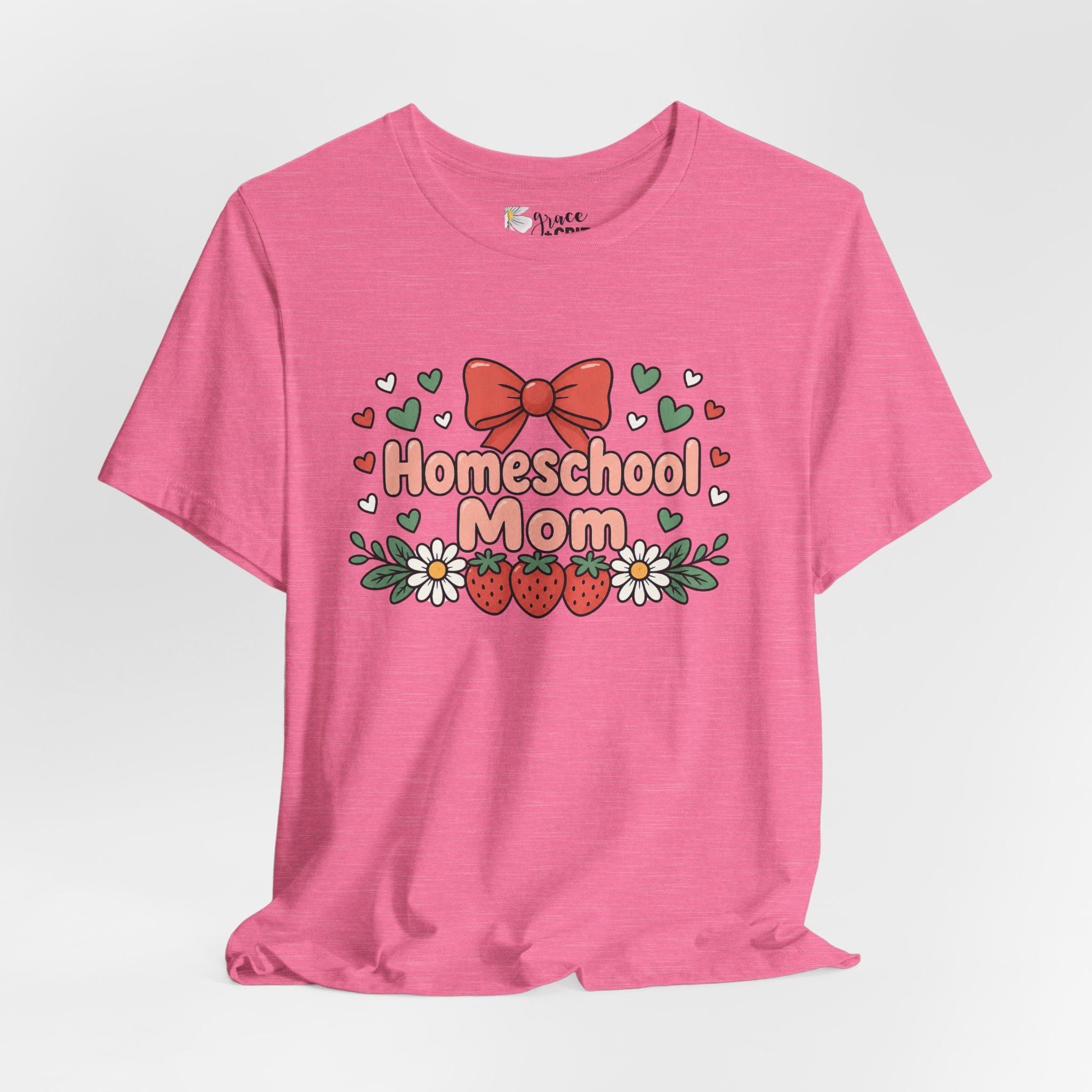 Homeschool Mom T-Shirt – Floral Strawberry Design with Bow