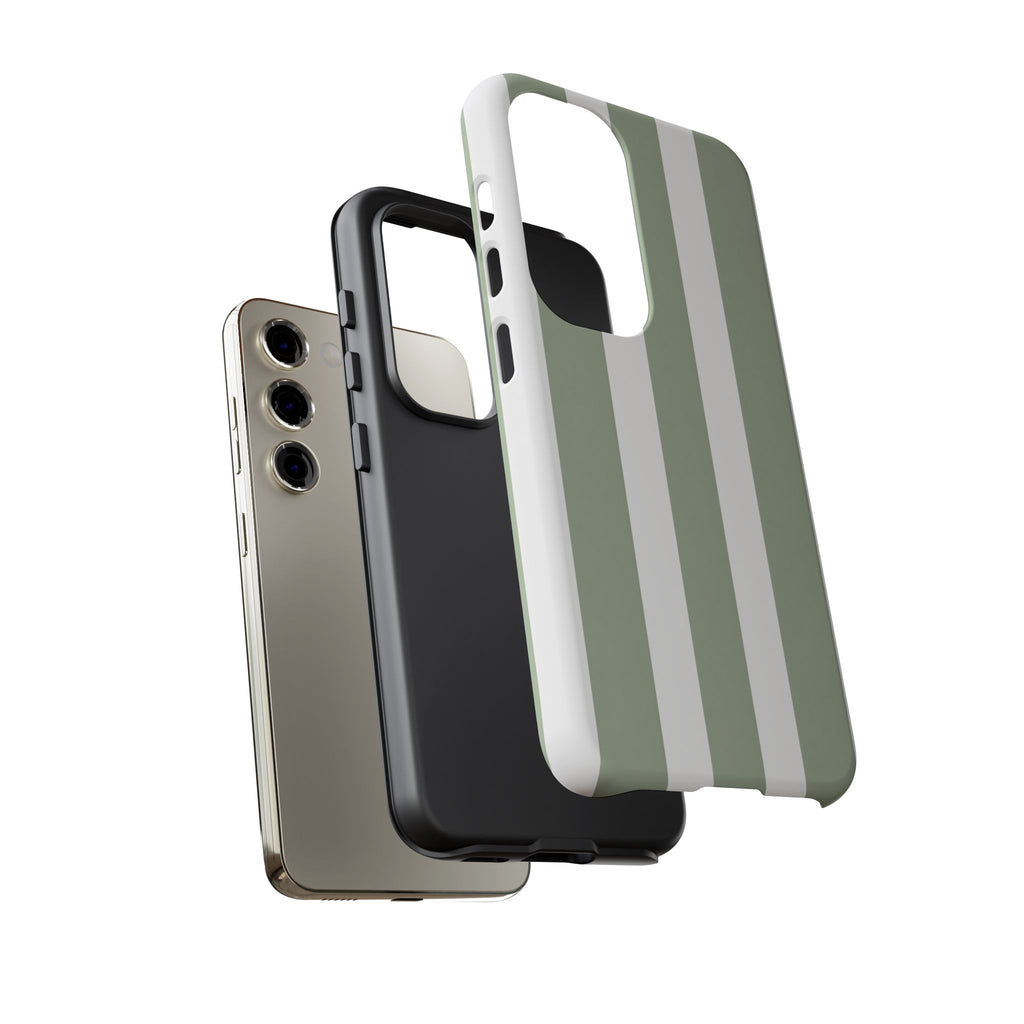 Striped Sage Tough Phone Case — Durable Green & White Vertical Stripe Phone Cover