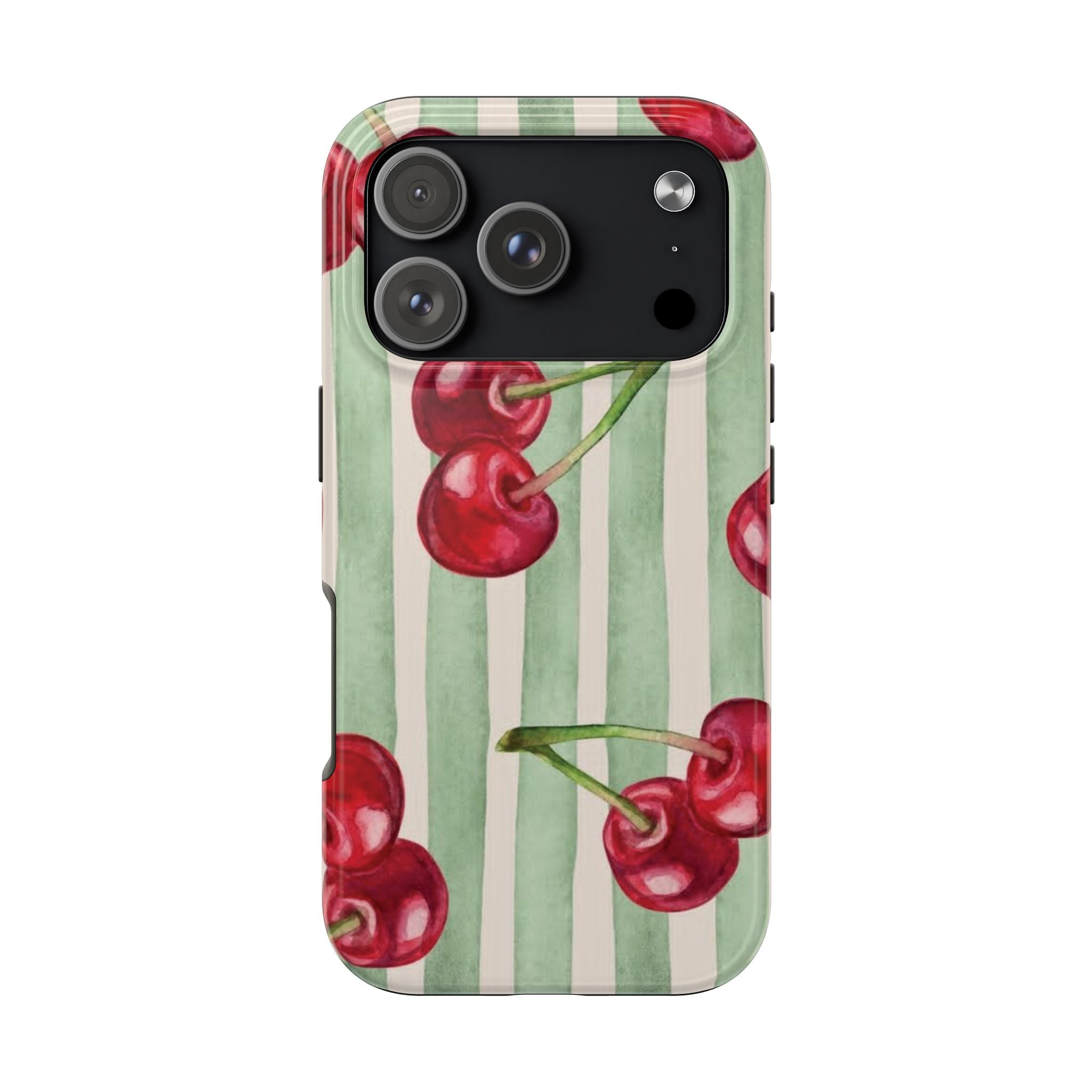 Cherry Stripe Tough Phone Case — Retro Watercolor Cherry Pattern Durable Phone Case