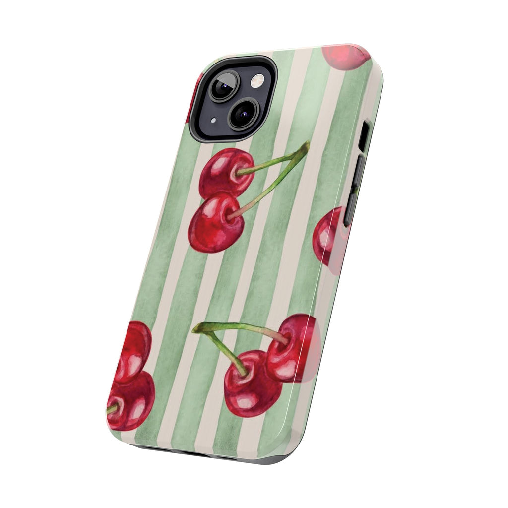 Cherry Stripe Tough Phone Case — Retro Watercolor Cherry Pattern Durable Phone Case