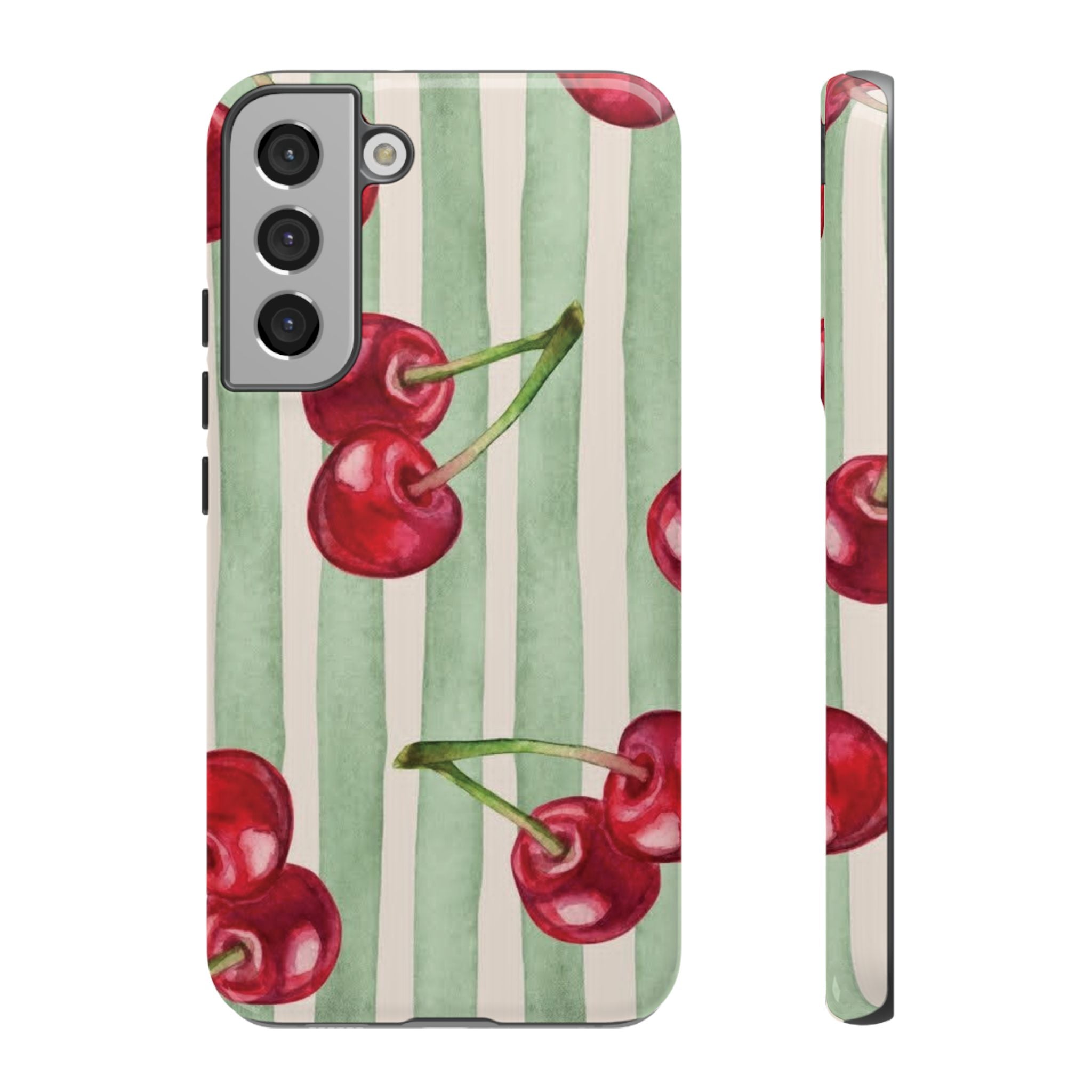 Cherry Stripe Phone Case – Retro Watercolor Cherries on Mint Stripes