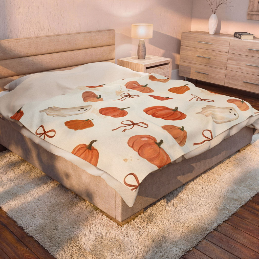Velveteen Plush Blanket – Cute Halloween Pumpkins, Ghosts & Bows