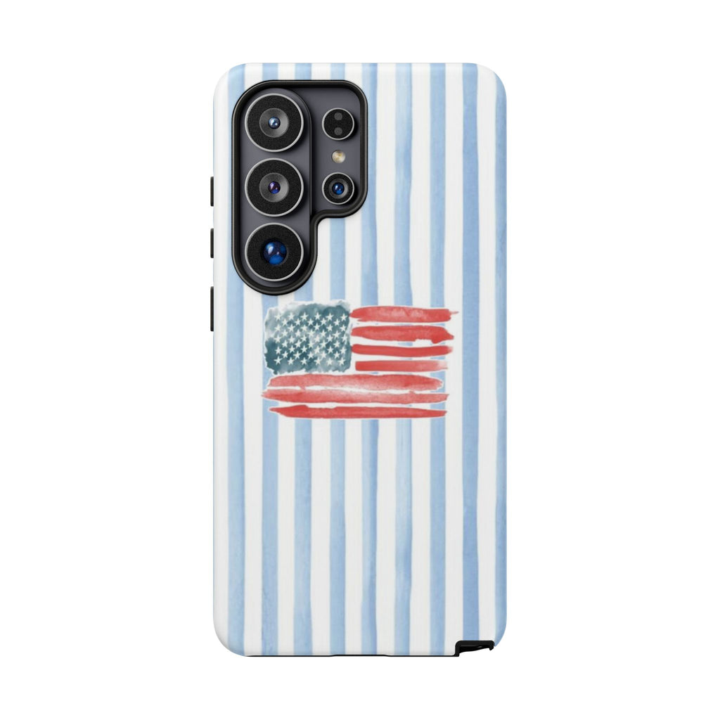 American Flag Watercolor Phone Case - Blue Stripe Tough Case