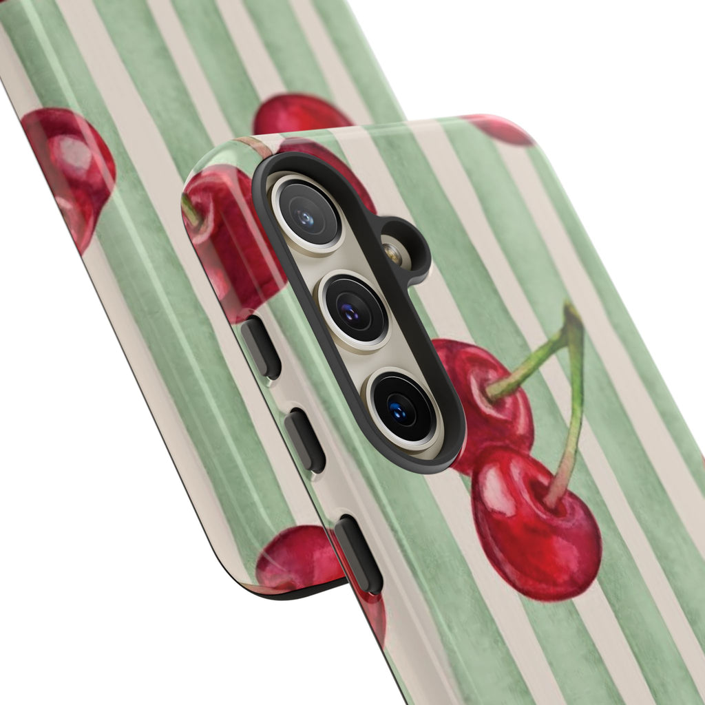 Cherry Stripe Phone Case – Retro Watercolor Cherries on Mint Stripes