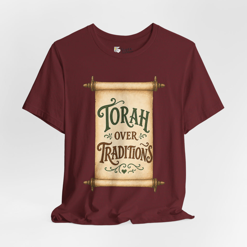 Torah Over Traditions Tee | Scroll Typography Jewish Faith Shirt