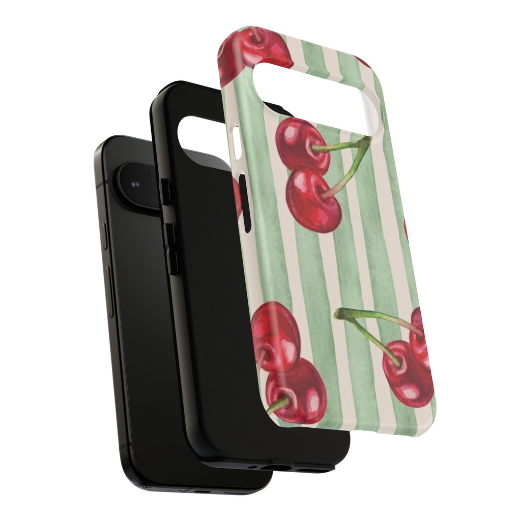Cherry Stripe Phone Case – Retro Watercolor Cherries on Mint Stripes
