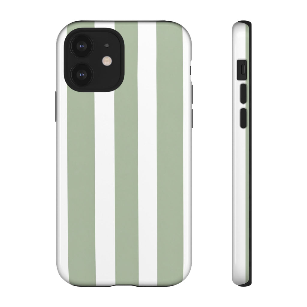 Striped Sage Tough Phone Case — Durable Green & White Vertical Stripe Phone Cover
