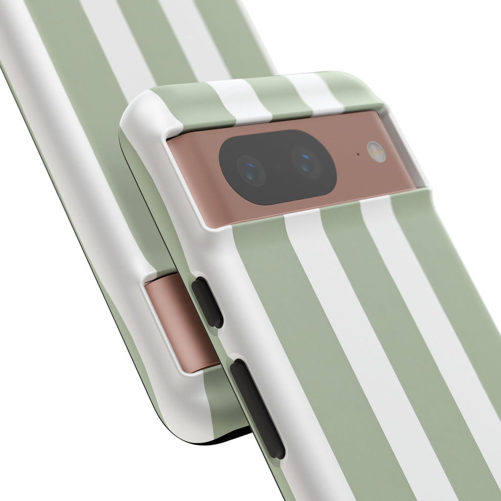 Striped Sage Tough Phone Case — Durable Green & White Vertical Stripe Phone Cover