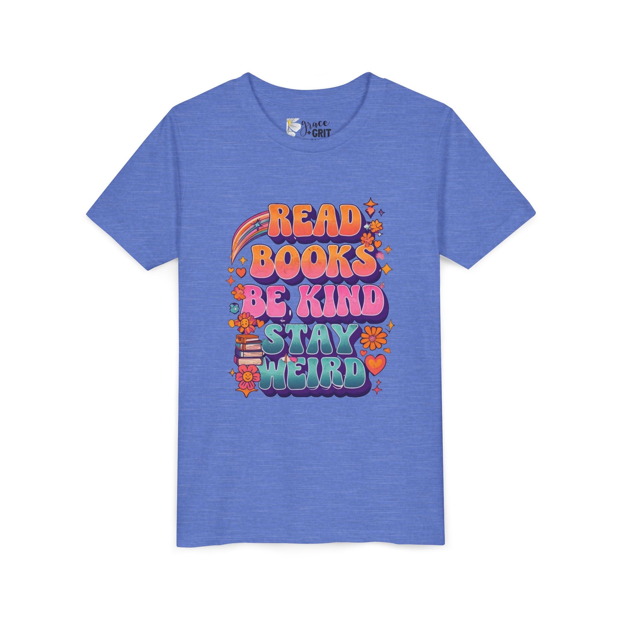 Youth Tee — "Read Books Be Kind Stay Weird" Retro Kids Graphic Shirt