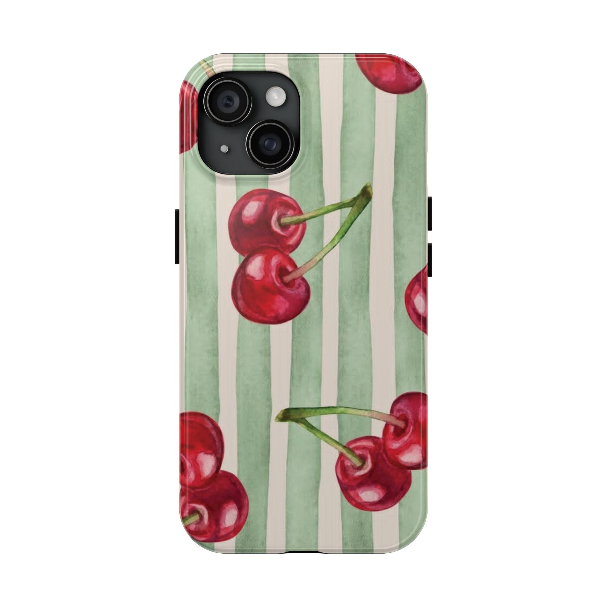 Cherry Stripe Tough Phone Case — Retro Watercolor Cherry Pattern Durable Phone Case
