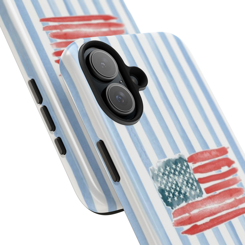 American Flag Watercolor Tough Phone Case — Blue Striped Patriotic Phone Case