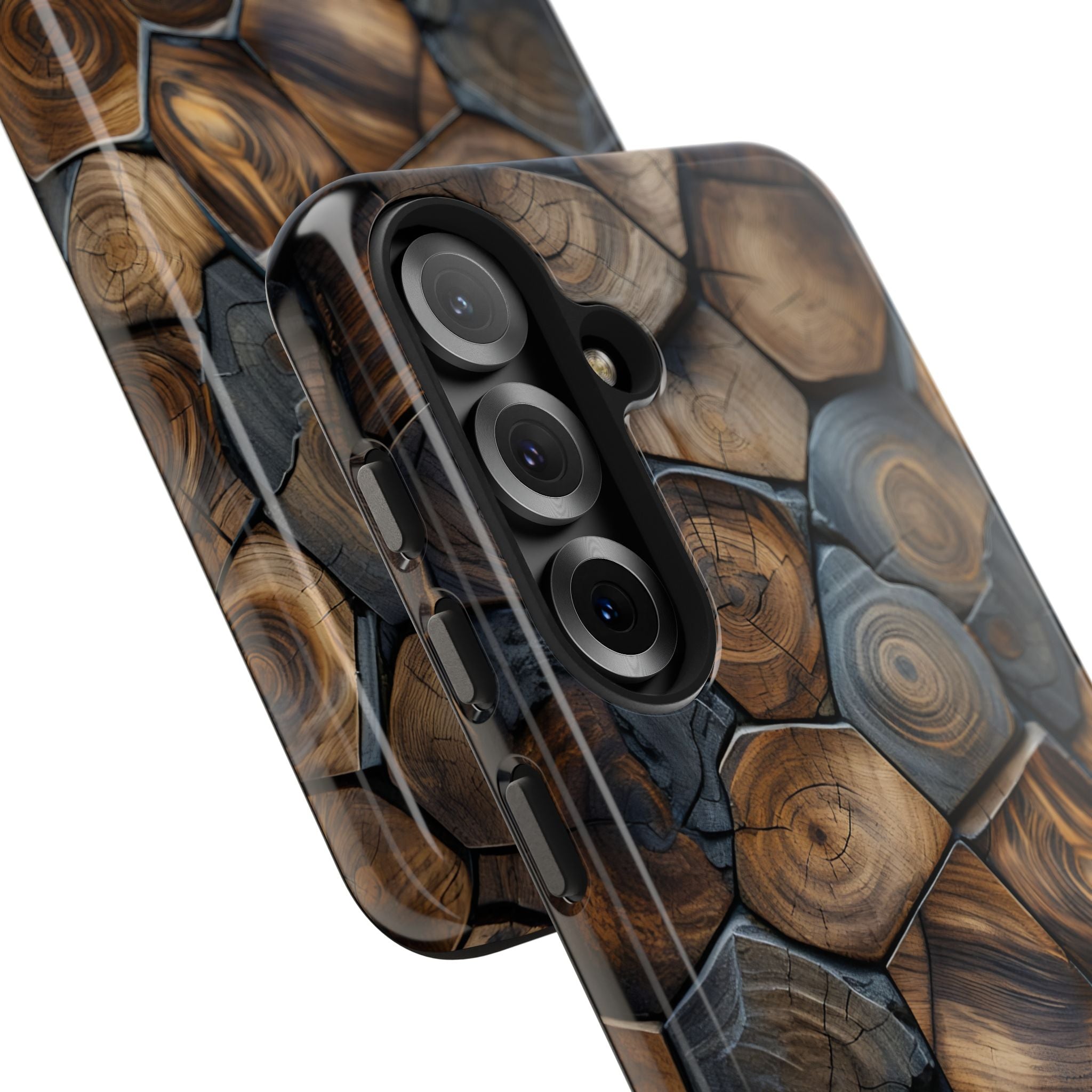 Woodgrain Hex Pattern Tough Phone Case — Rustic Log Cross-Section Design