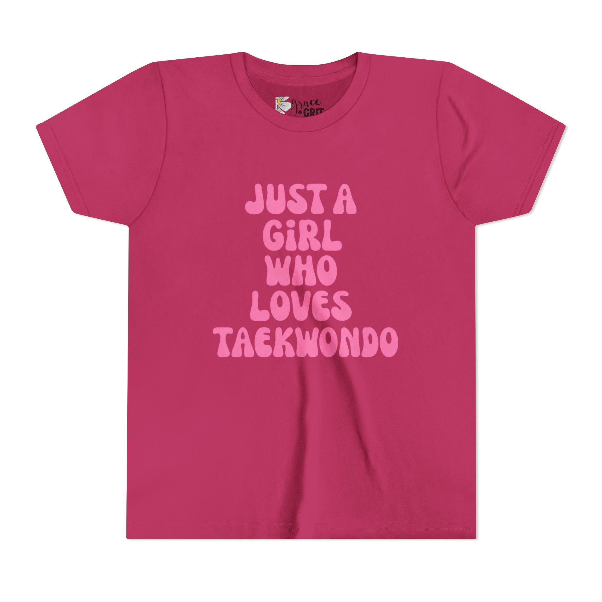 Just a Girl Who Loves Taekwondo Youth Tee | Pink Text Martial Arts Shirt
