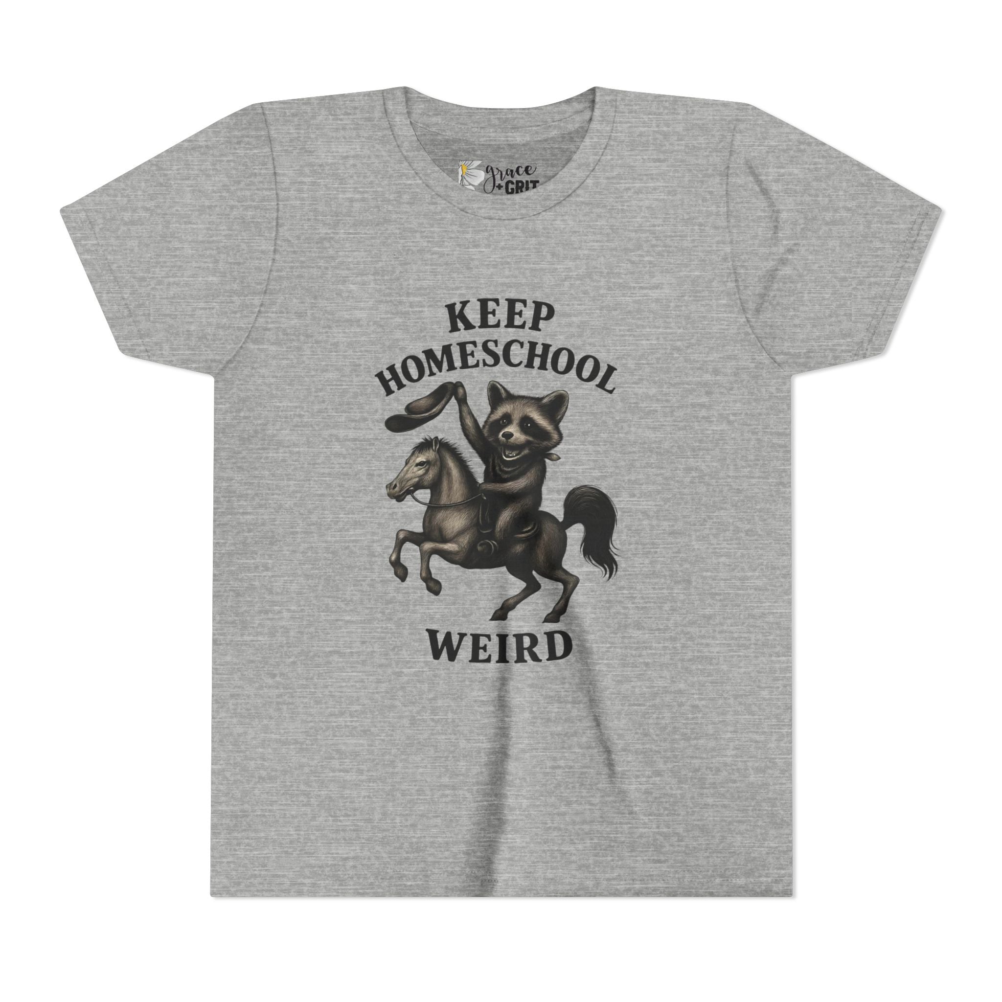 Keep Homeschool Weird Youth Tee | Raccoon Riding Horse Illustration