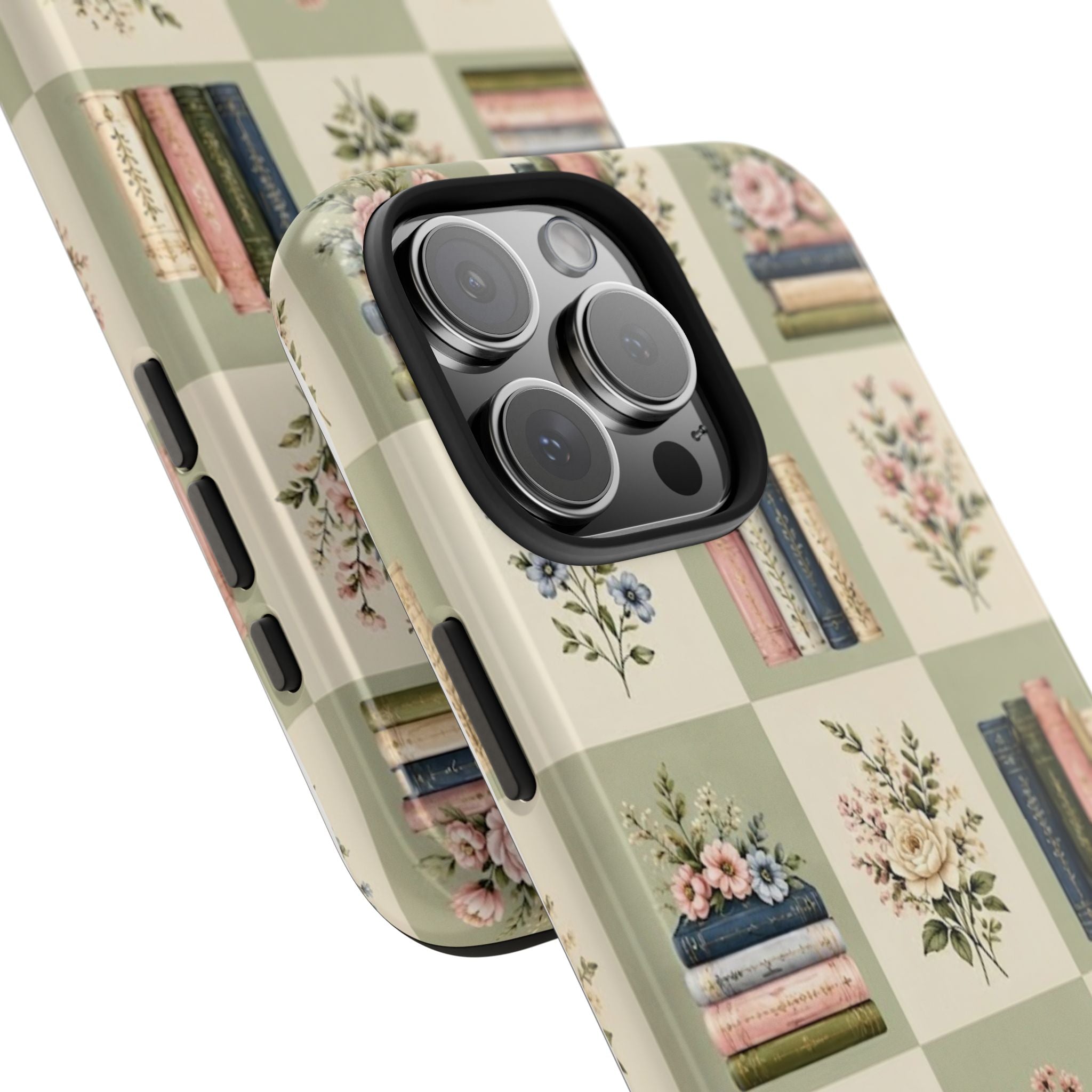 Floral Bookshelf Tough Phone Case — Vintage Floral & Stacked Books Pattern