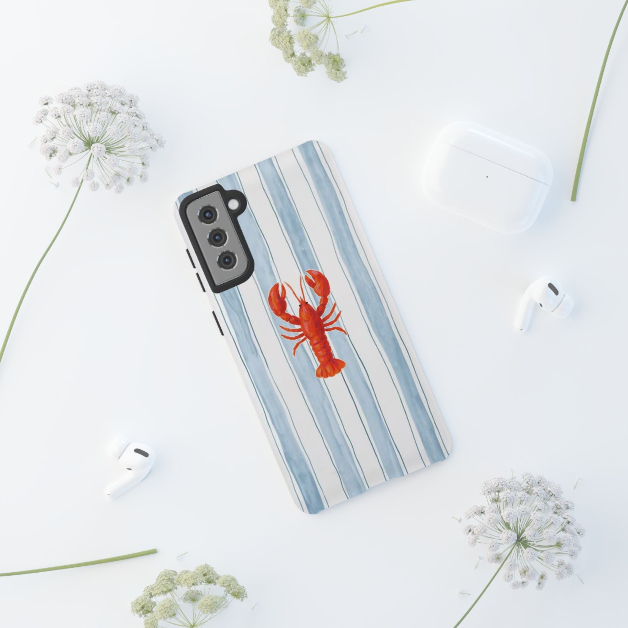 Lobster Stripe Phone Case — Nautical Blue & White Protective Cover