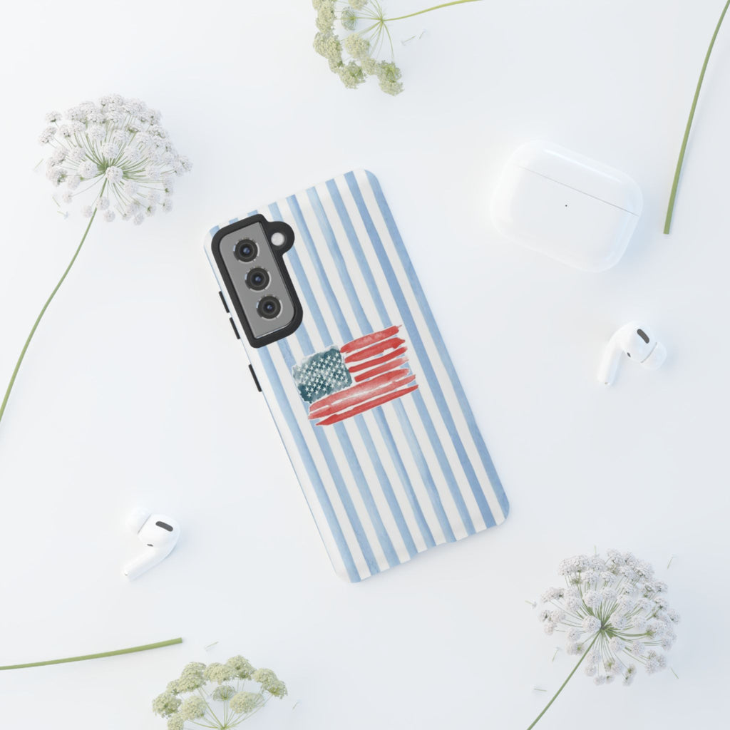 American Flag Watercolor Phone Case - Blue Stripe Tough Case