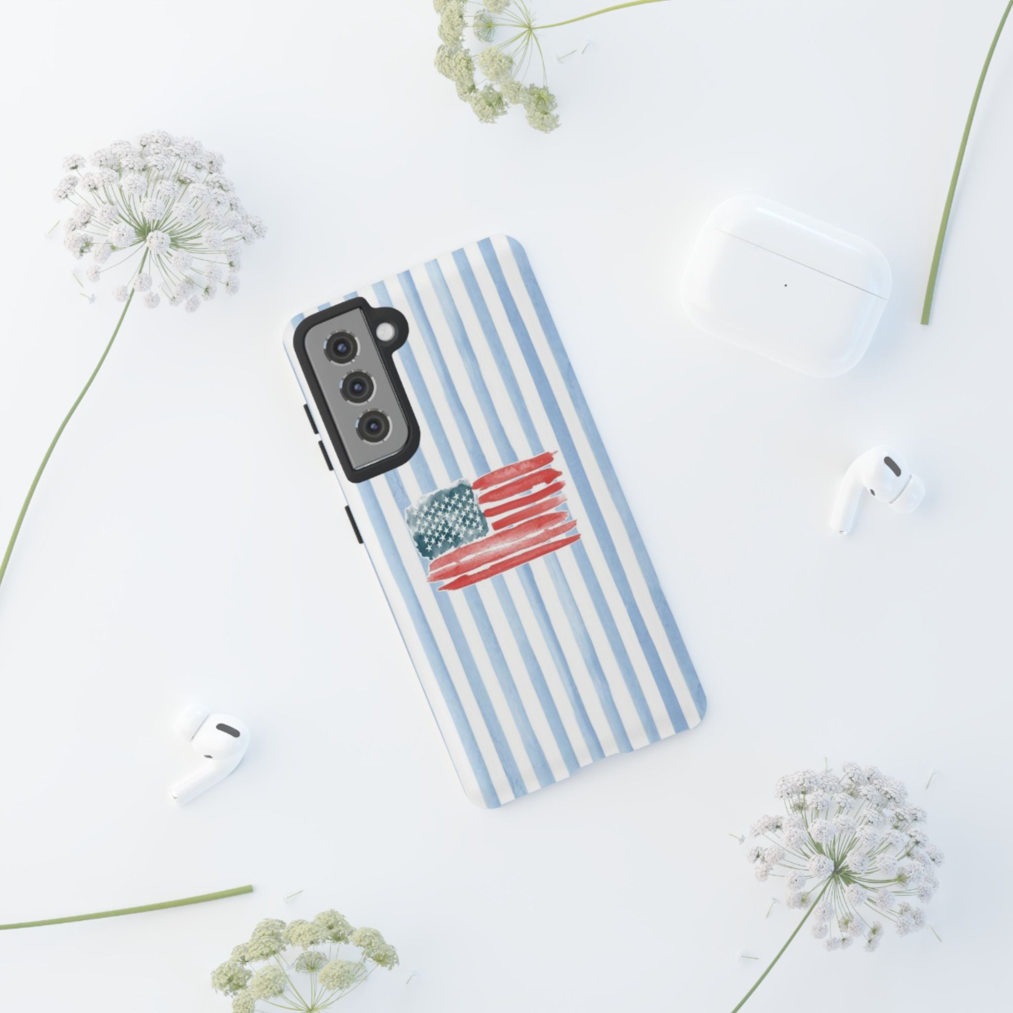 American Flag Watercolor Phone Case - Blue Stripe Tough Case