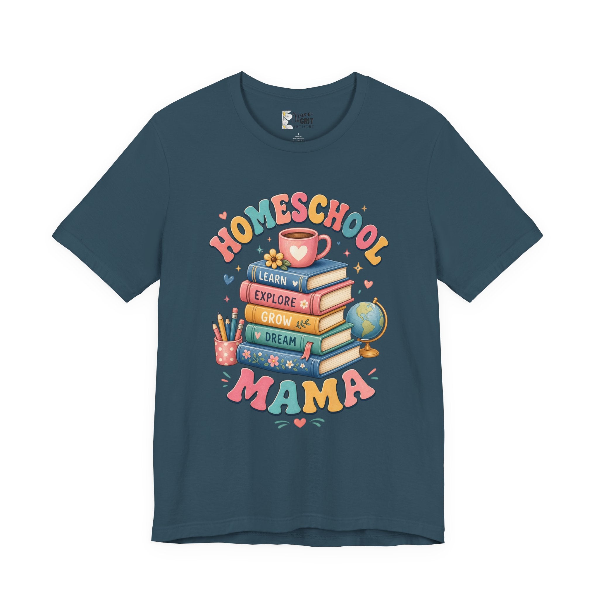 Homeschool Mama T-Shirt – Colorful Stacked Books Design